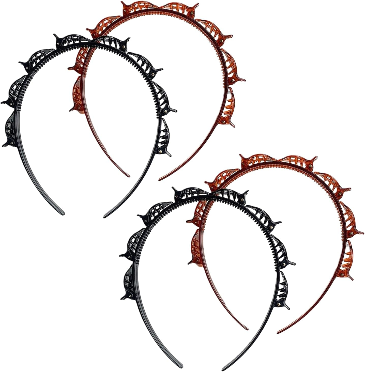 4Pcs Double Bangs Hairstyle Hairpin Headband with 8 Small Clip,Women Double Layer Twist Plait Hair Tools for Curly,Thick Hairs,Toothed Hair Bands Braid Tool Hair Accessories,Black and Reddish Brown image number 3