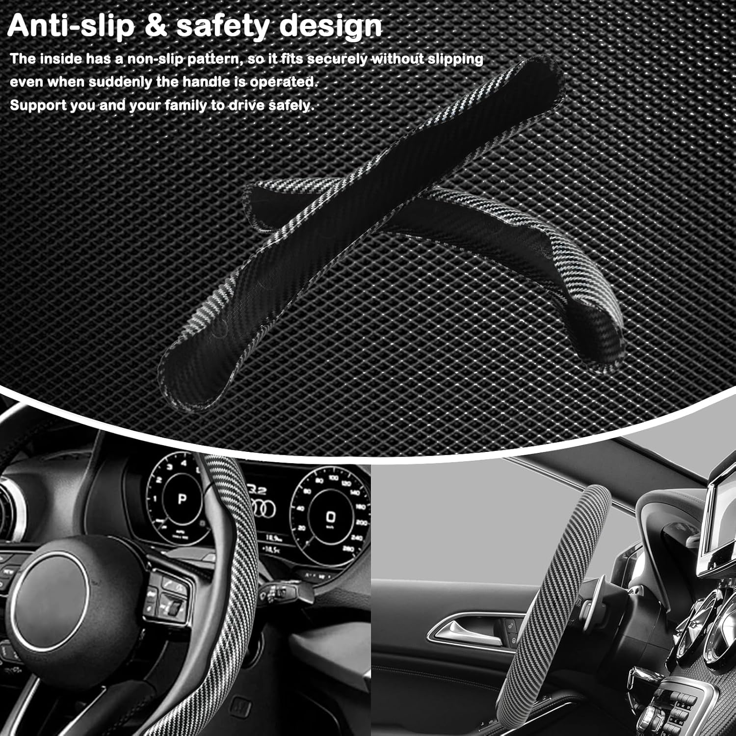 Carbon Fiber Steering Wheel Cover, Snap on Car Steering Wheel Cover Set Accessories Wrap Grip Non Slip Protector Universal (Laser Carbon Silver) image number 2