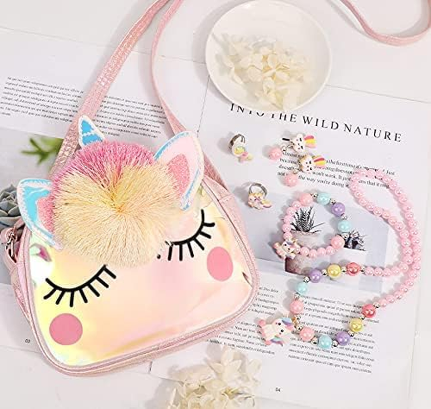 Unicorn Crossbody Bag Purse with Jewelry Set Little Girls, Unicorn Princess Necklace Bracelet Rings Earrings Handbag Accessories, Jewelry Party Favors Gift Dress Up image number 3