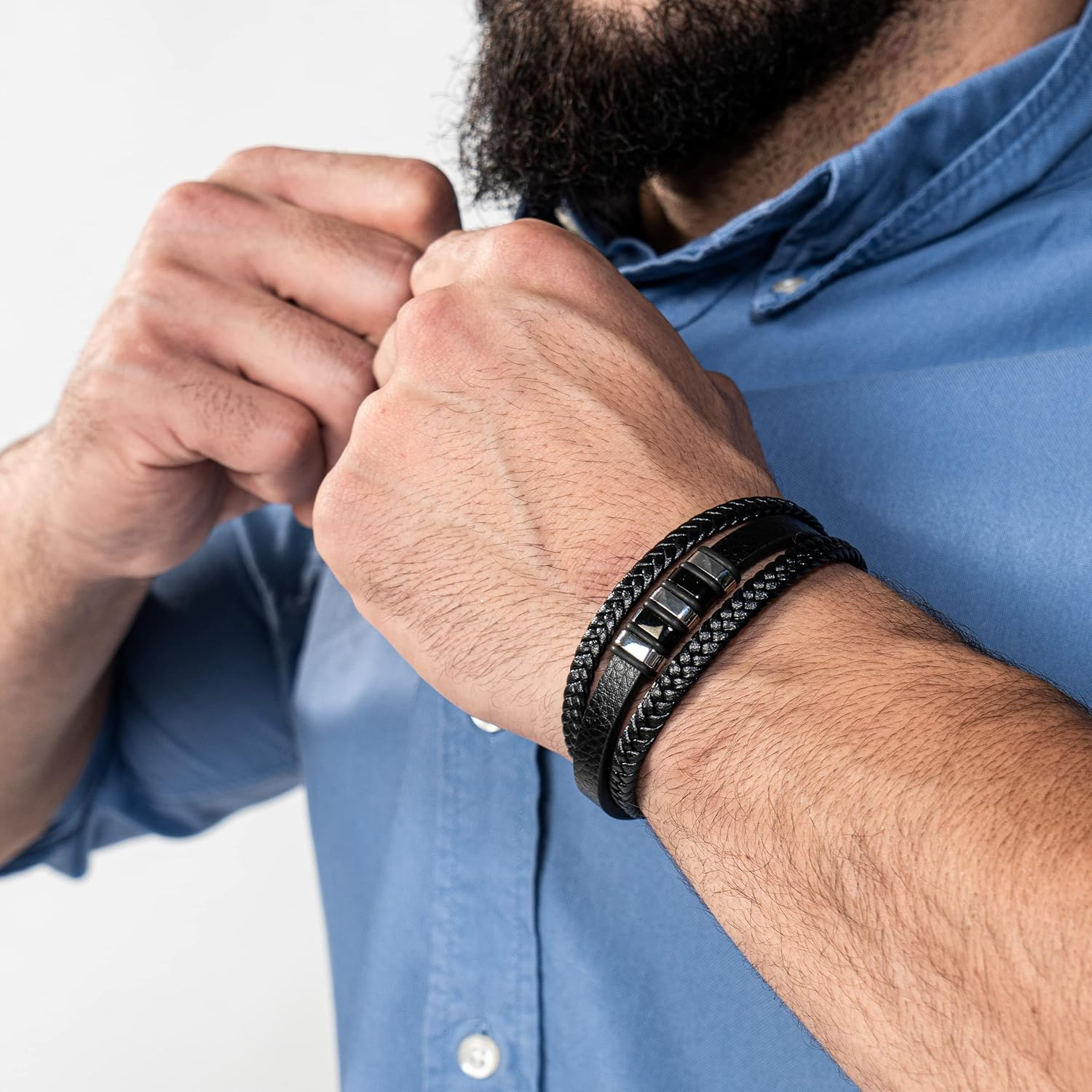 SERASAR | Premium Genuine Leather Bracelet [Glory] for Men in Black | Magnetic Stainless Steel Clasp in Silver and Gold | Exclusive Jewellery Box | Great Gift Idea image number 2