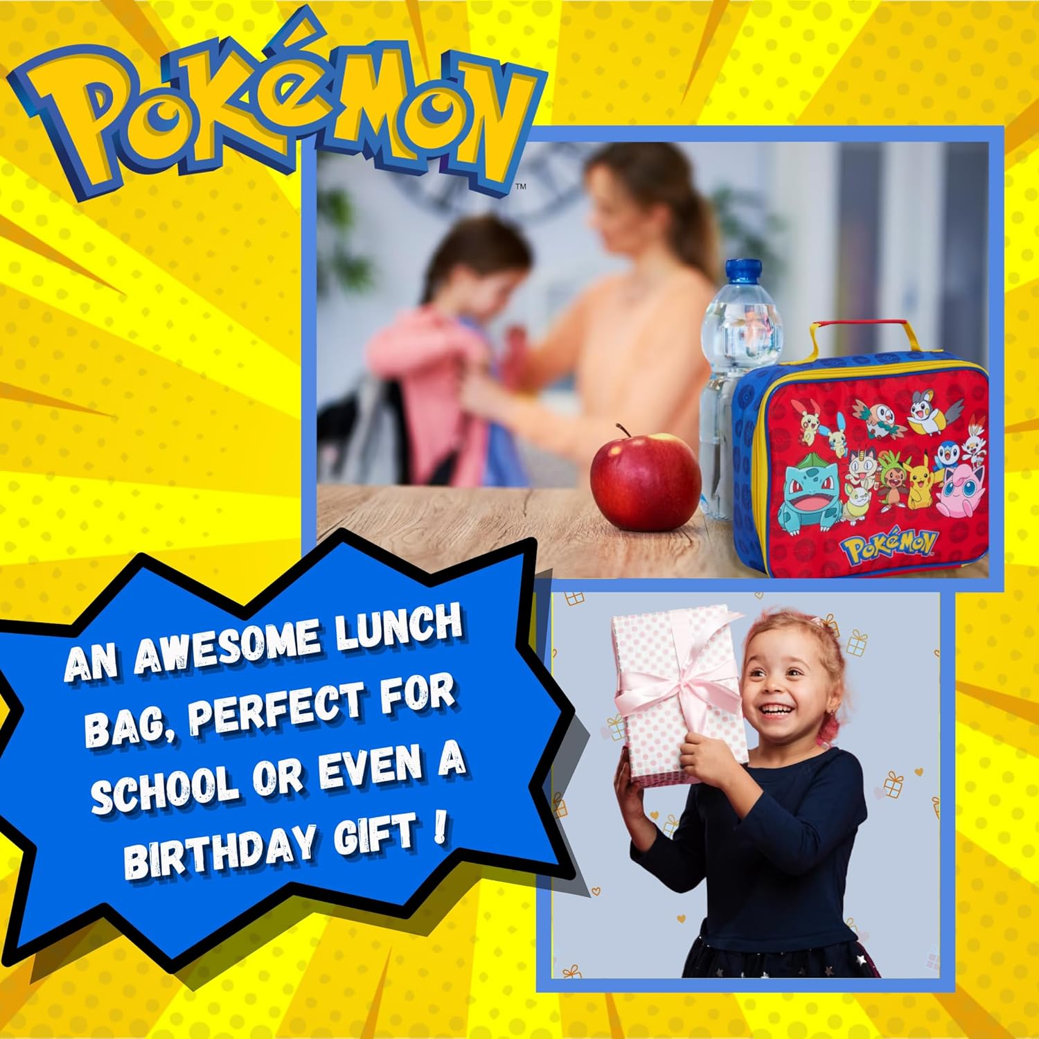 Pokemon Lunch Bag for Kids Pikachu School Insulated Luchbox with Bottle Holder, Red, One Size, Book Bag image number 5