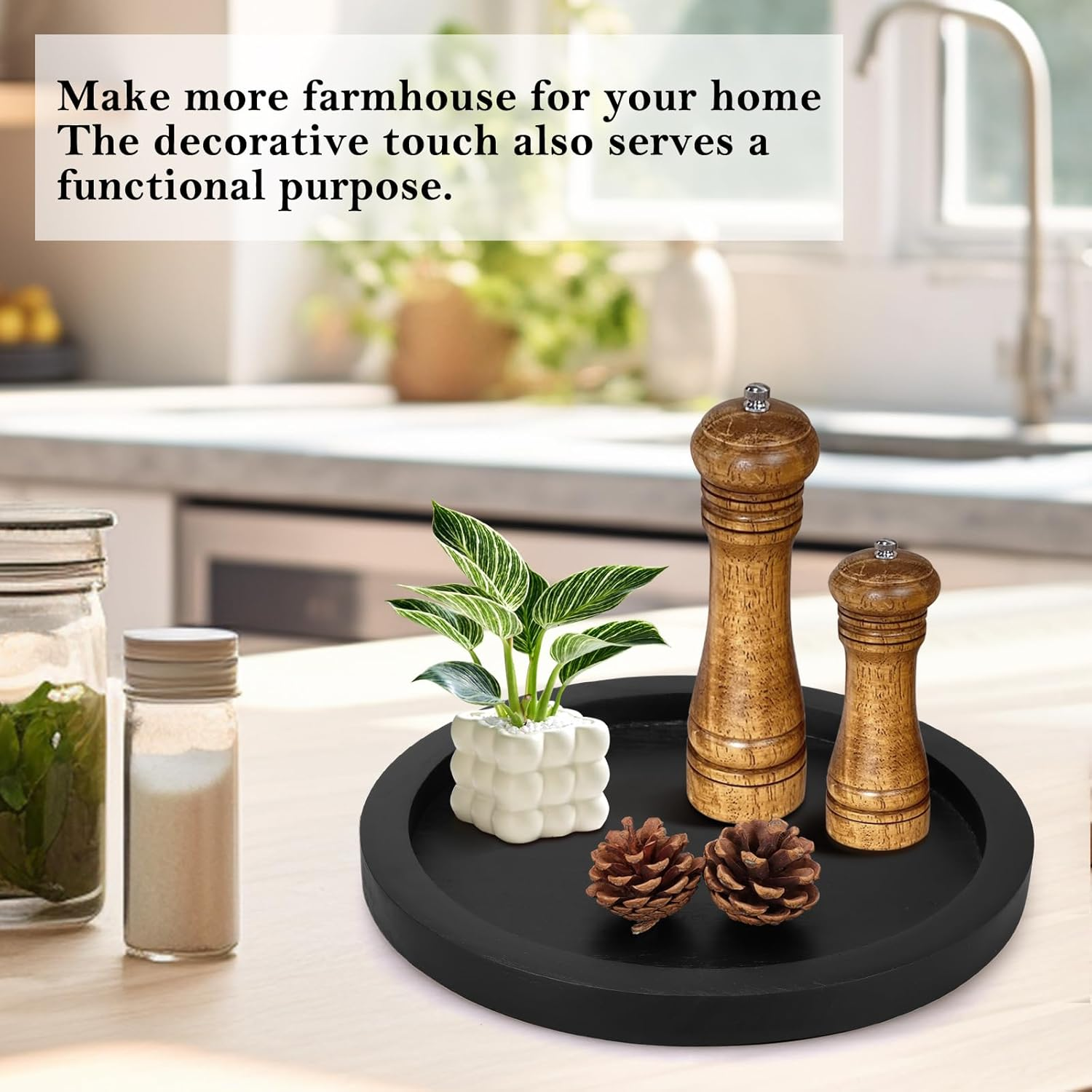 Rustic Decorative Wooden Serving Tray Home Decor round Ottoman Coffee Table Trays Farmhouse Living Room Dinner Table Centerpiece Accessories Wood Candle Holder Tray for Kitchen Counter Bathroom Vanity image number 5