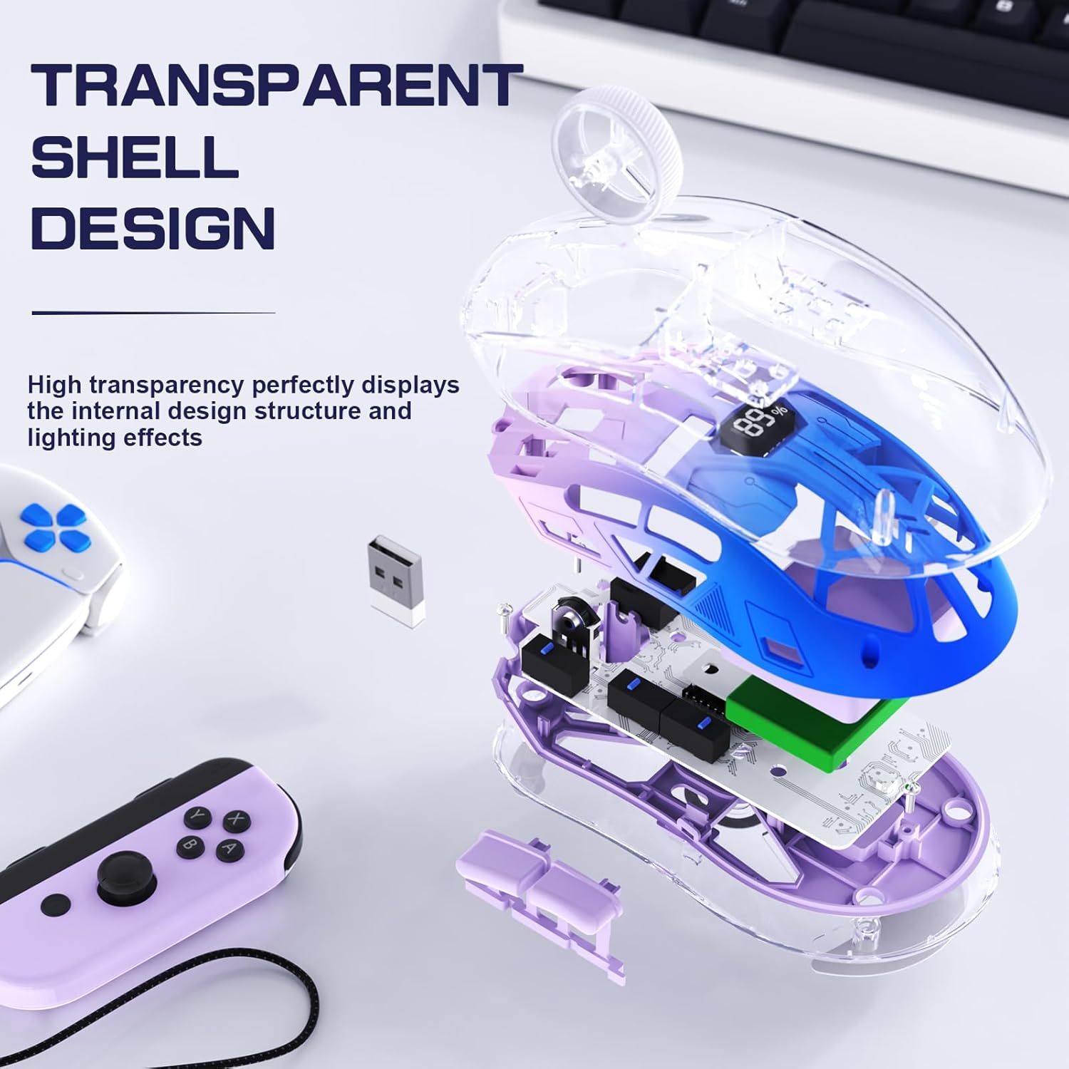 A2 Wireless Gaming Mouse, Dual Mode 2.4G/Bluetooth PC Gaming Mice, Ergonomic RGB Mouse with Battery Display Screen, Transparent Shell, Pixart 3212, 4000 DPI, for Win/Mac, Twilight Purple