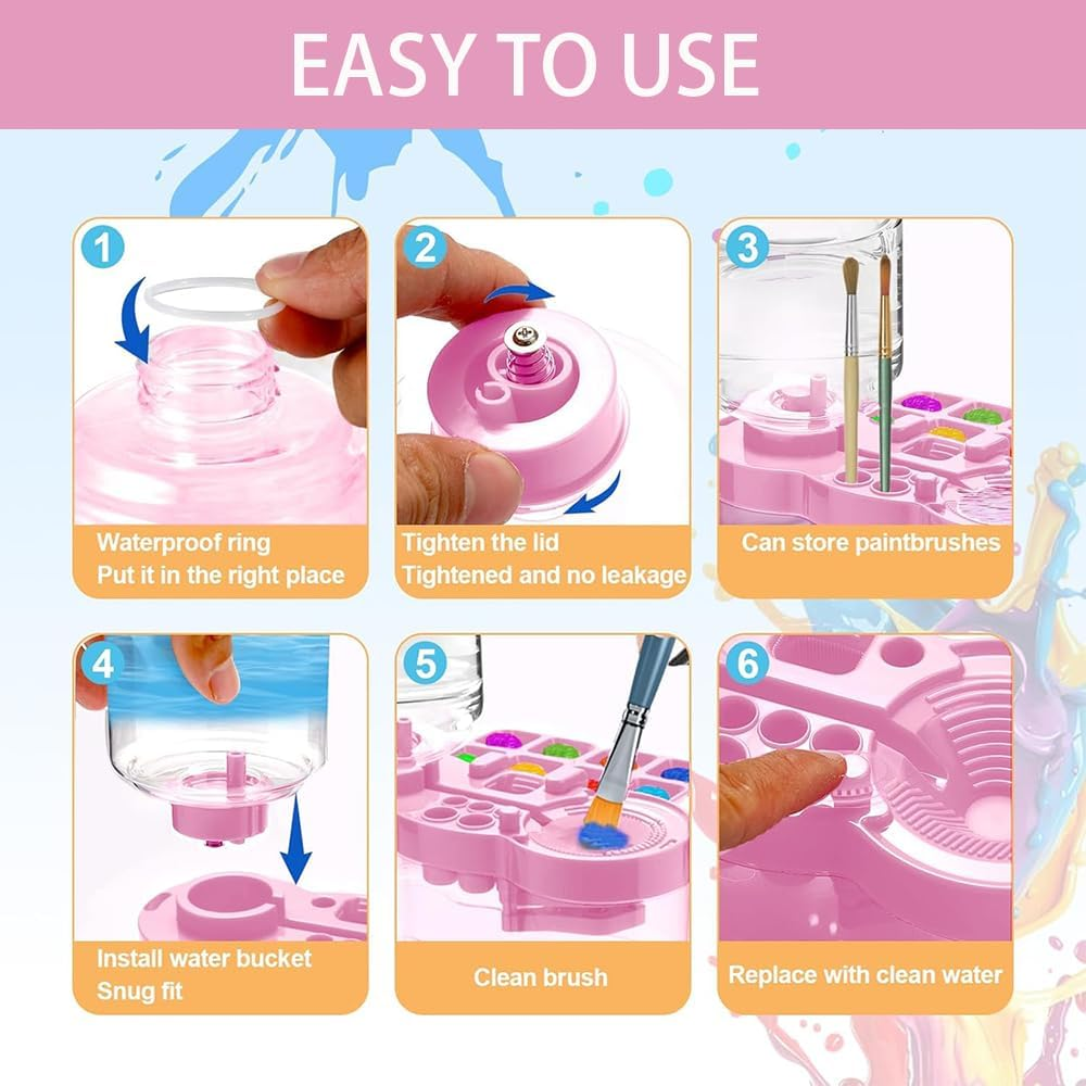 1 PCS Pink Transparent Paint Brush Cleaner Tool,Universal Crafts Water Cycle Watercolor Brushes Rinse Dispenser with Holder and Palette,Washing My Brush,Painting Art Supplies for Artist Beginner Kid image number 5