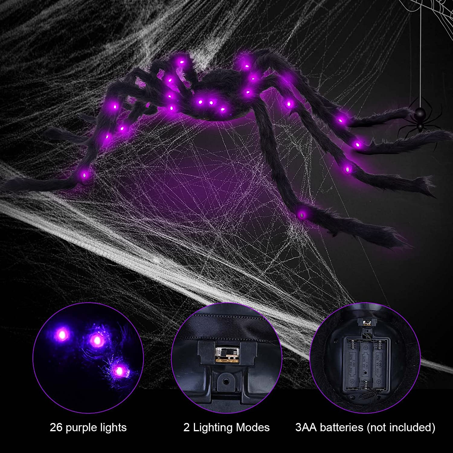 VOMAOK Halloween Spider Decorations 4Ft Light up Giant Spider(2 Pack) for Indoor Outdoor Halloween Decorations Yard Party House D&eacute;cor image number 5