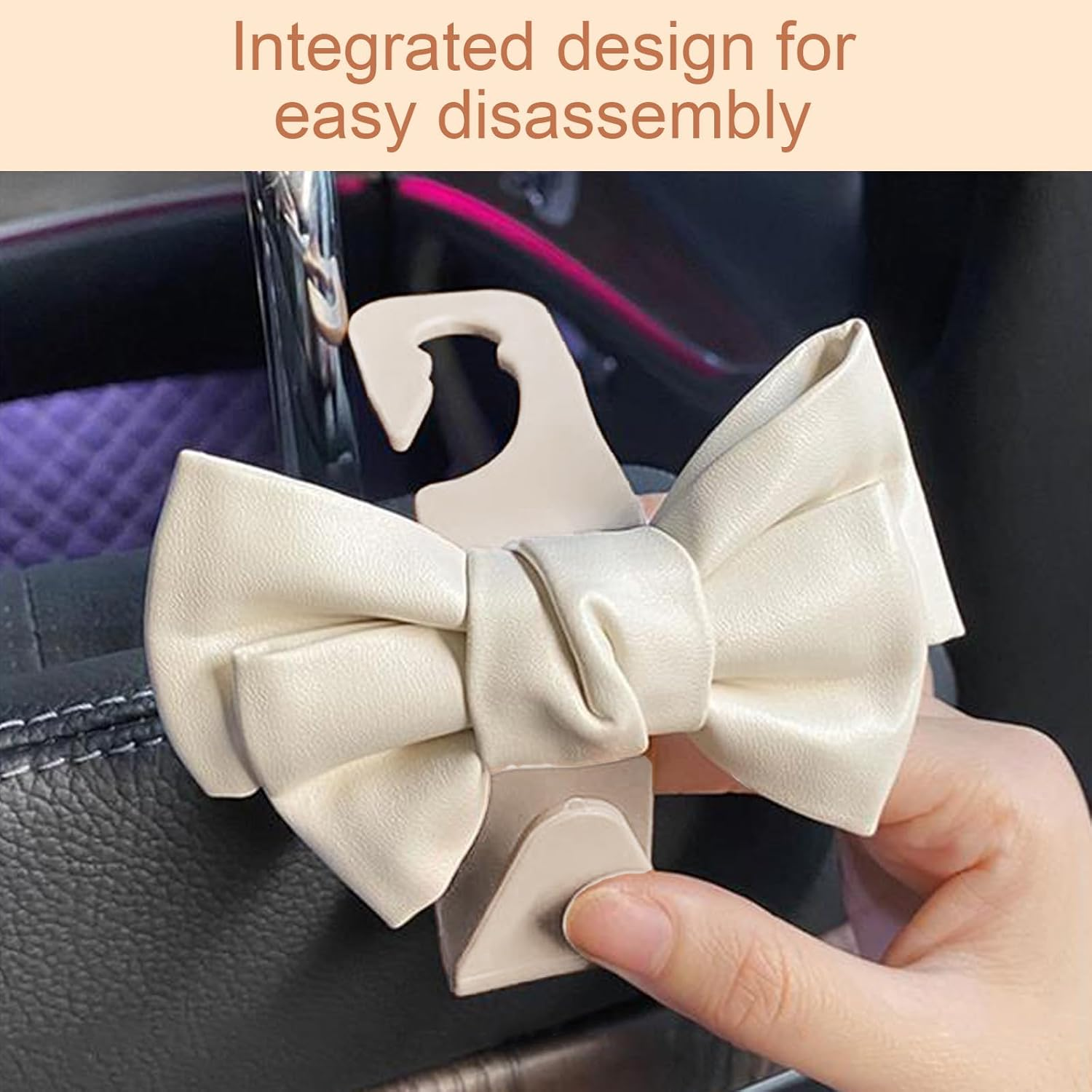 2 Pcs Car Back Seat Headrest Hooks, Elegant Stylish Leather Bow Car Hangers, Universal Rear Car Seat Storage Hook, Auto Interior Accessories for Handbag Purse Coat (Brown)