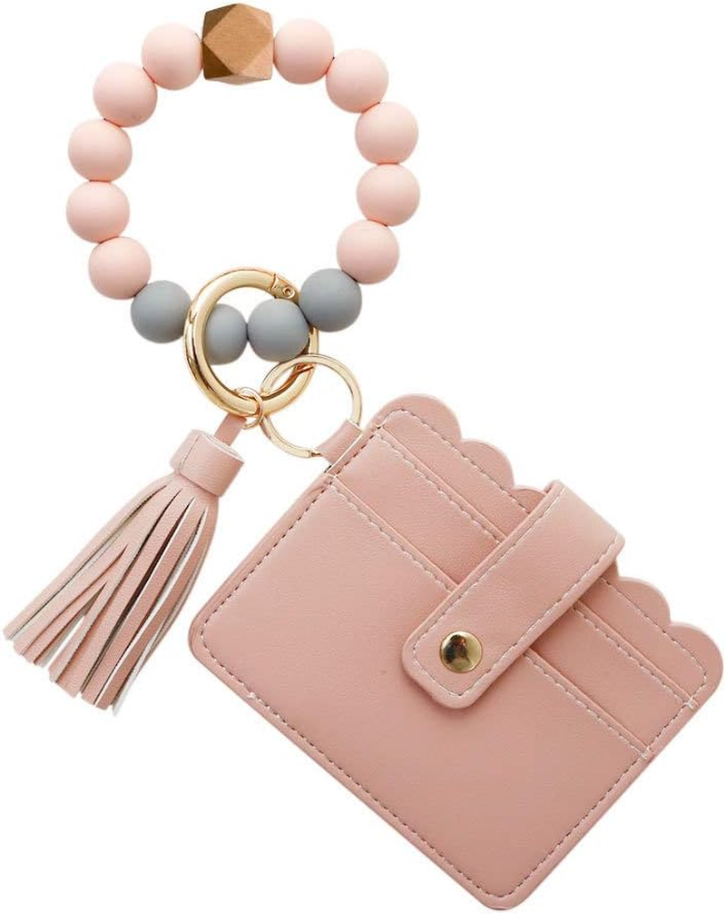 Silicone Beaded Bracelet Leather Keychain Wallet ID Card Holder Keyring Wristlet Bracelet Key Ring Chain Tassel Purse Women Girls Pink
