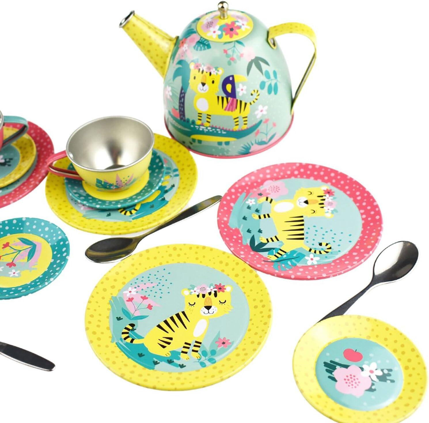 Kaper Kidz TIGER TIN TEA SET in Pink Picnic Basket 18-Piece Set: Perfect Pretend Play Tea Party Fun! image number 1