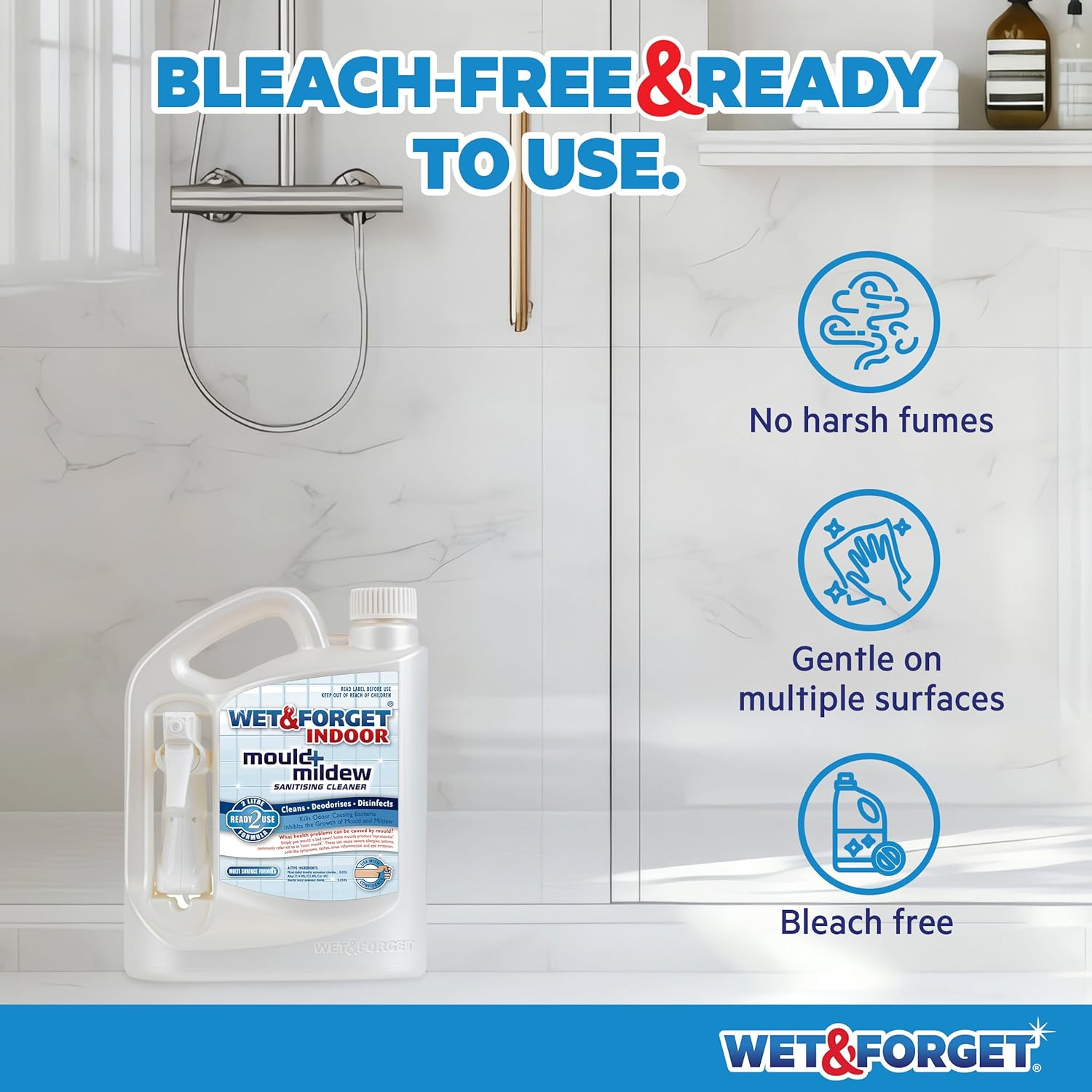 Wet & Forget Indoor Mould & Mildew Remover 2L &ndash; Bleach-Free Sanitiser Spray &ndash; Ready to Use Cleaner for Bathrooms, Walls, Tiles & Hard Surfaces &ndash; Deodorises & Freshens Home