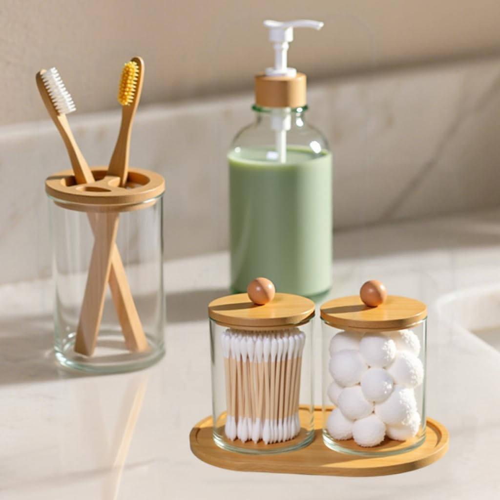 5 Pack Bamboo Bathroom Accessories Set with Tray - Plastic Soap Dispenser Clear Toothbrush Holder and 2 Qtip Holder Cotton Ball Container Jar image number 1