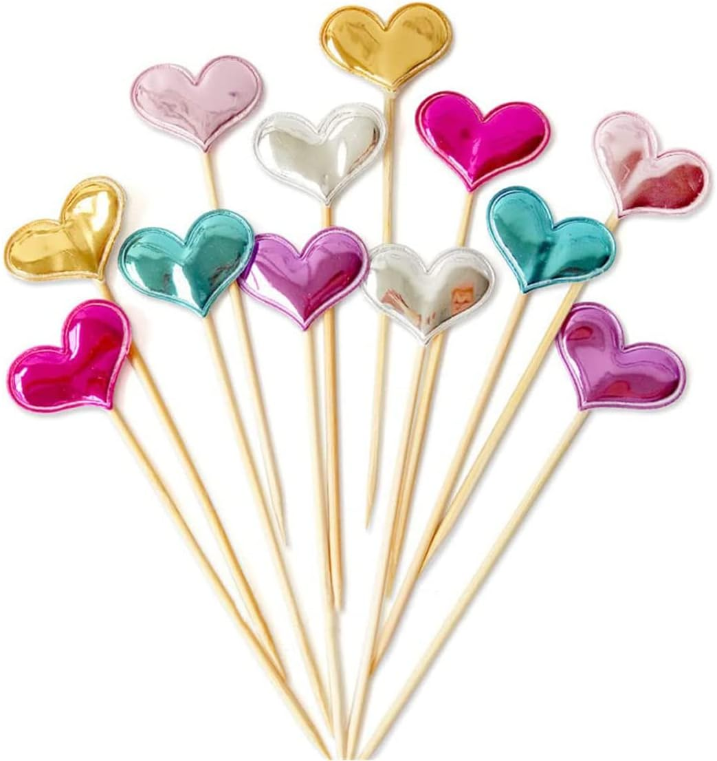50Pcs Cupcake Toppers Heart Star and Crown Cupcake Picks Mini Cake Toppers Colorful Cake Decoration DIY Dessert Fruits Food Picks Party Decorative Accessories for Birthday Wedding Baby Shower (Heart)