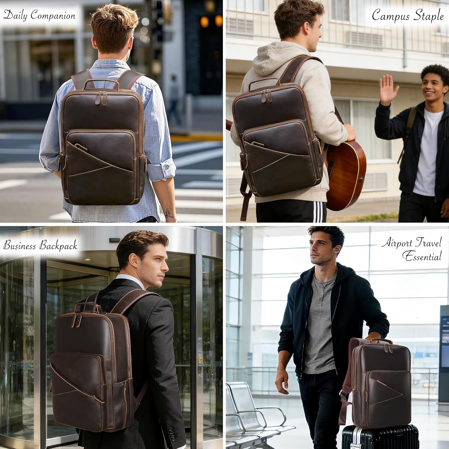 Tiding Vintage Genuine Leather Backpack for Men 15.6" Laptop Bag Multi Pockets Travel Rucksack Business Overnight Daypack