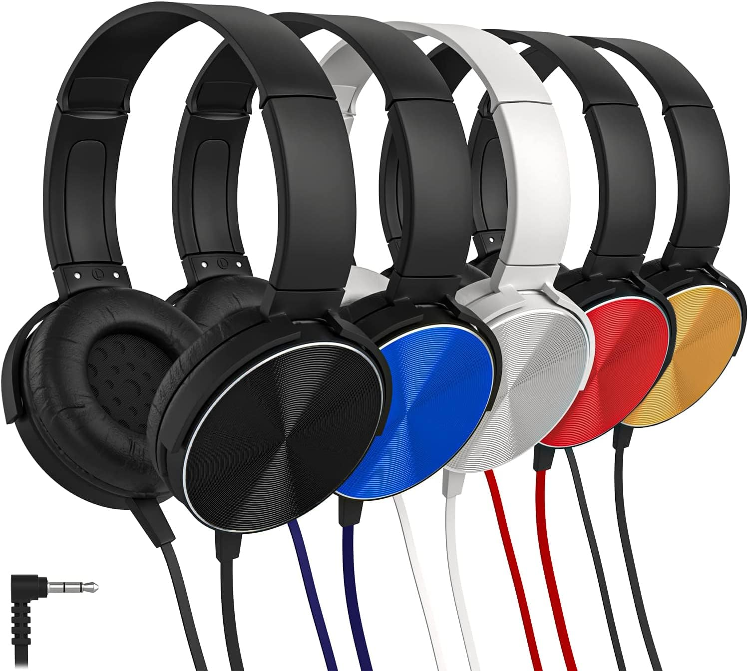 Maeline Classroom Headphones Bulk 5 Pack, Student on Ear Comfy Swivel Headset for School, Library, Airplane, for Online Learning, Travel, Stereo Sound 3.5Mm Jack, Red, Black, Blue, White, Yellow