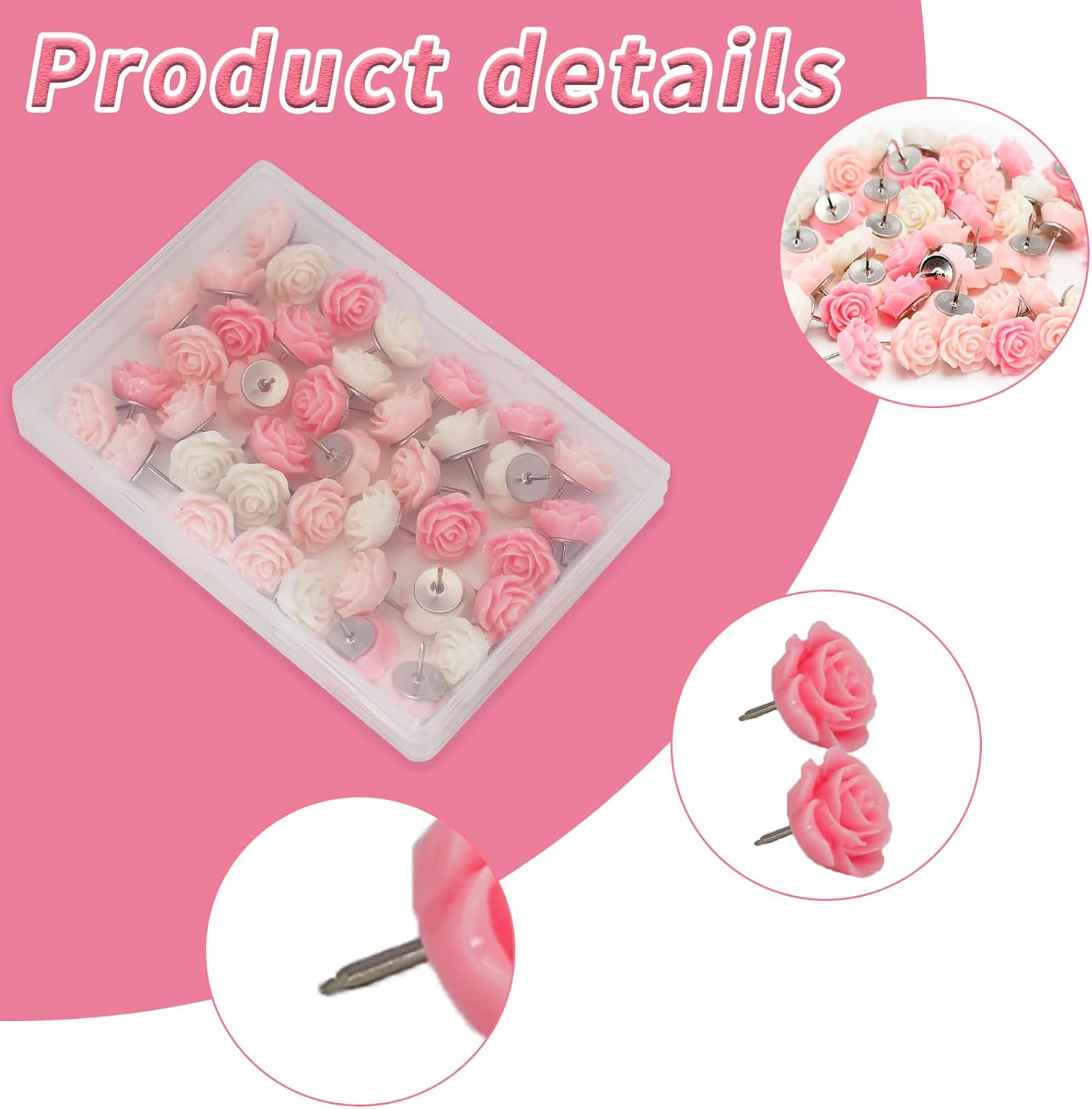 40Pcs Rose Theme Push Pins Rose Thumb Tacks Decorative Flower Cork Board Tacks for Bulletin Board, Photos Wall Maps and Other Offices Schools Supplies and Accessories, Resin&hellip; - Green,Transparent,Yellow image number 3