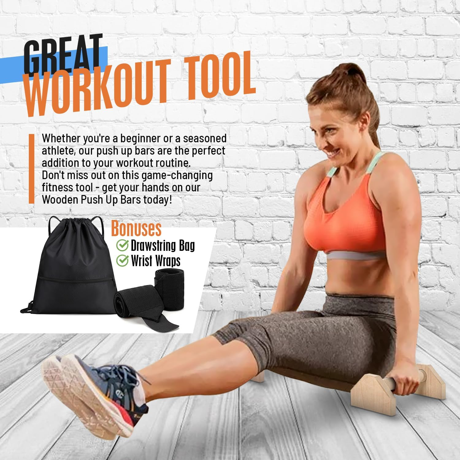 Push up Bars for Floor &ndash; Wooden Parallettes Bars Calisthenics Equipment, &ndash; Solid Pine Wood Parallel Bars for Handstand, Pushups, Dips. Wrist Wraps Included, Bonus Carry Case and Ebook - Perfect for Home Gym Use image number 5