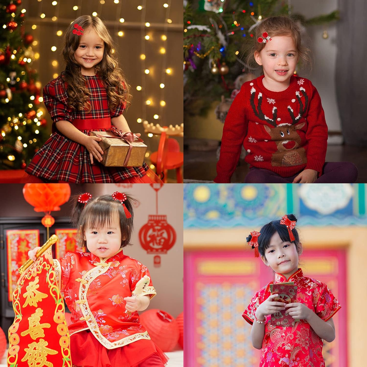 Whaline 9 Pairs Chinese New Year Hair Clip Furry Balls Hair Barrettes Baby Girls Chinese Style Hair Clips with Tassels Red Hairy Bows Butterfly Hair Pins for Girls Spring Festival Hair Accessories