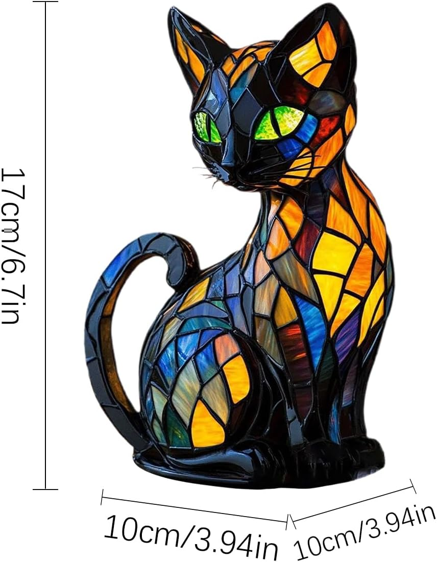 Cat Stained Glass Lamp, Resin Luminous Stained Glass Cat Lamp 17X10X10Cm, Cats Bedside Lamps Led Nightlight, Vintage Glasss Cats Lamps Desk, Handmade Resin LED Animal Bedside Table Night Light image number 1
