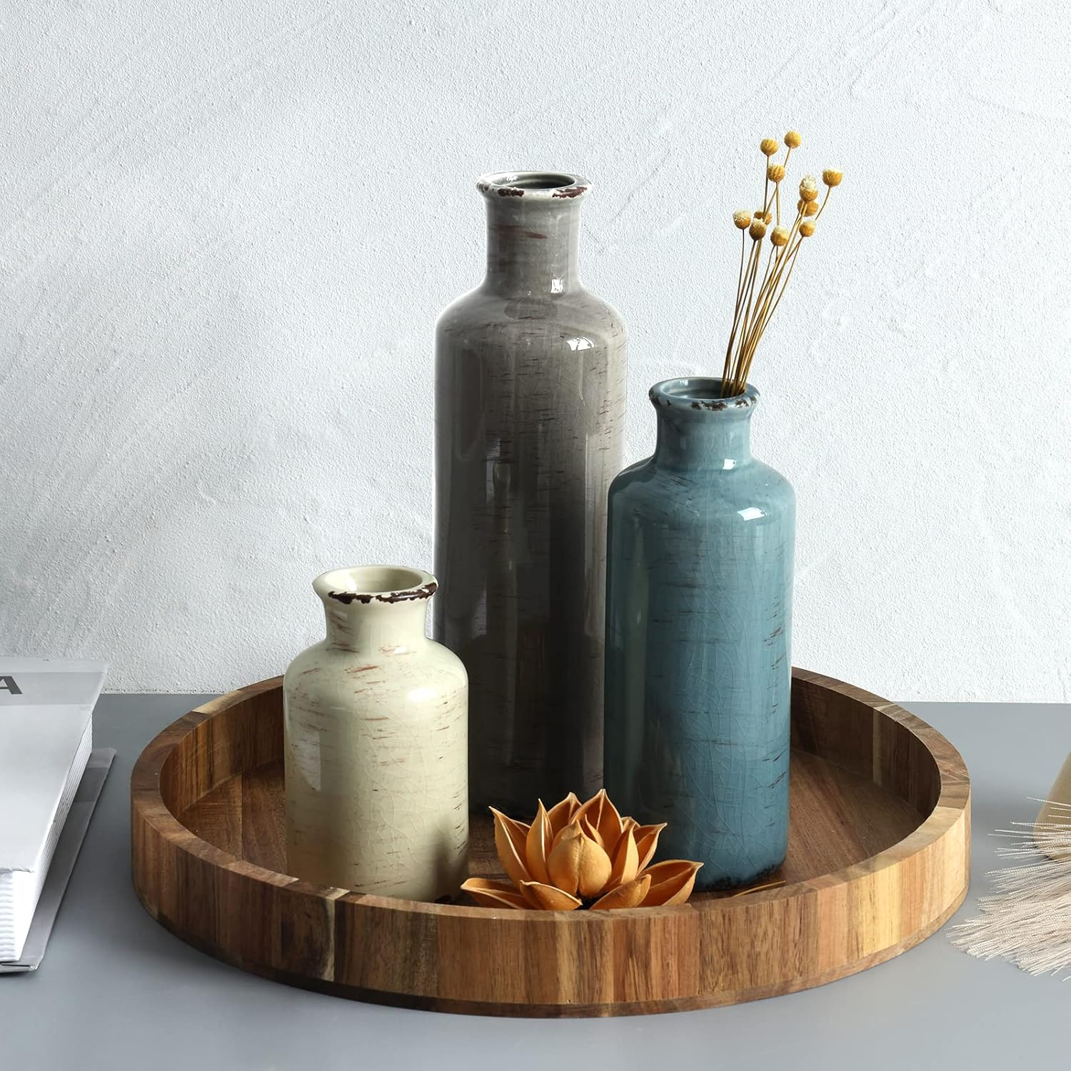 CUCUMI Ceramic Vase Set of 3, Rustic Coastal Farmhouse Decor for Shelves, Ocean Beach Style Small Flower Vases for Home Decor, Mantle, Fireplace, Table, Shelf Decorations for Living Room image number 4