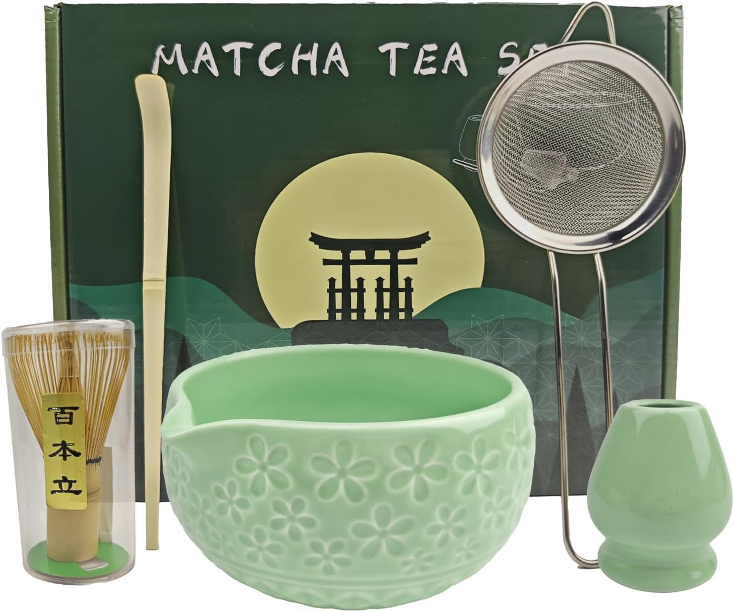 Matcha Whisk Set,5-Piece Ceramic Japanese Matcha Set Includes Matcha Bowl, Matcha Whisk and Holder, Bamboo Scoop, Scoop Rest, Sifter and Tea Towel - Matcha Kit for Matcha Lovers (Green)