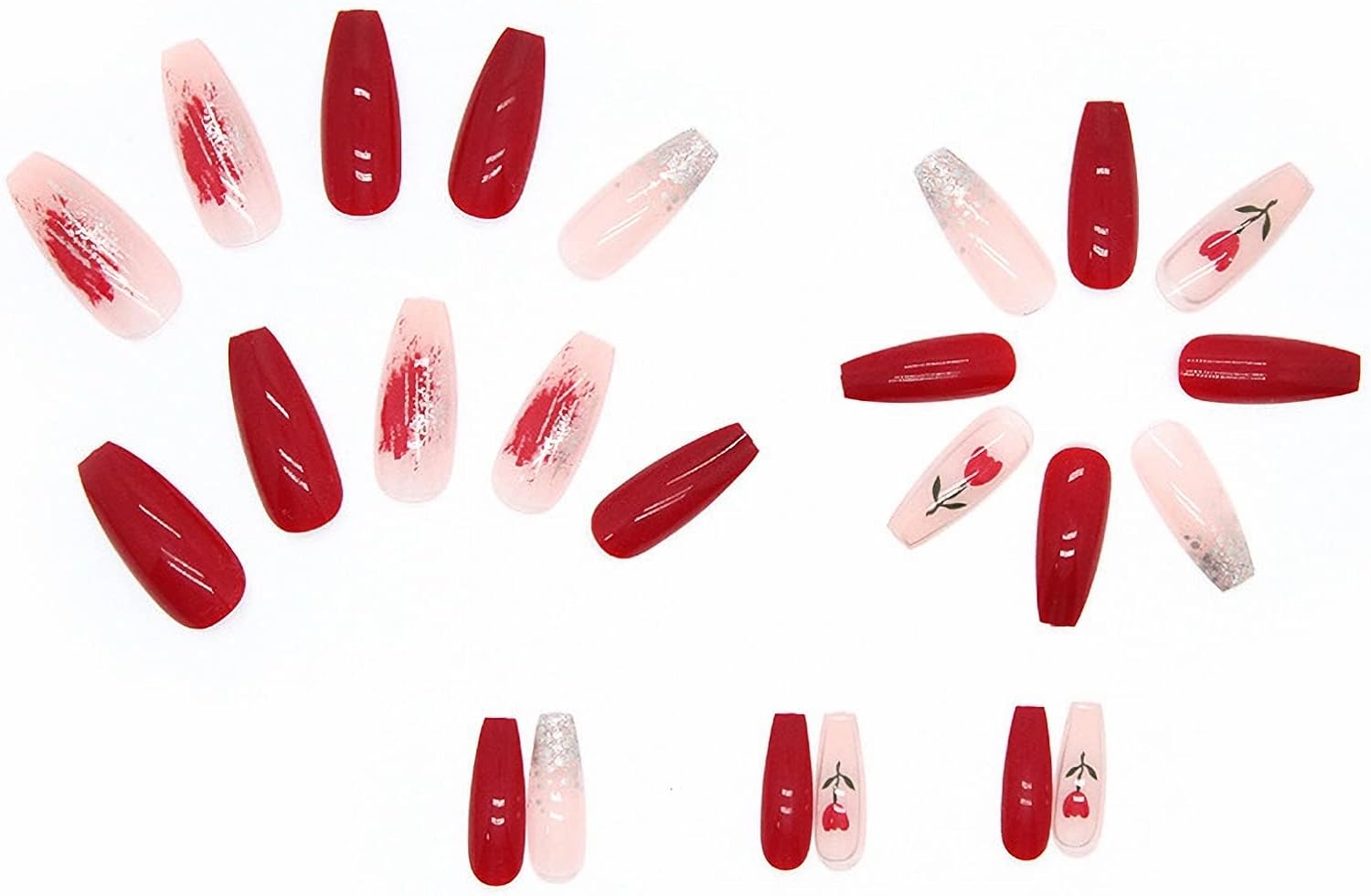 RYUUSEI Long Coffin Press on Nails Ballerina Nails Matte Fake Nails Red False Nails Acrylic Full Cover Glue on Nails Flower Acrylic Nails with Design for Women and Girls image number 4