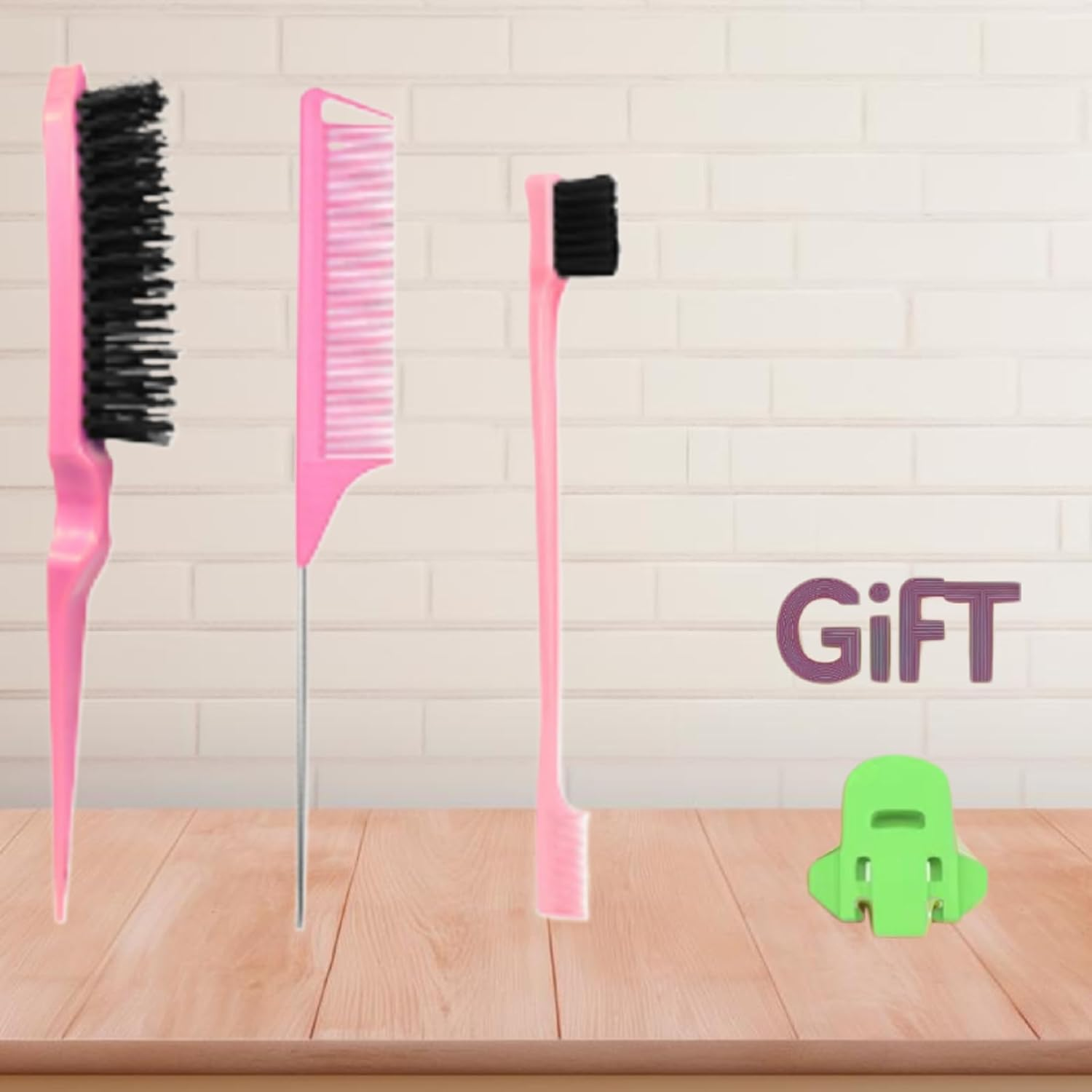 Hair Brush and Comb Set, Pink,3 Pcs Slick Back Hair Brush Set with Edge Brush, Bristle Brush, Rat Tail Comb, Teasing Brush Set for Smoothing Baby Hair & Flyaways - Pink image number 5