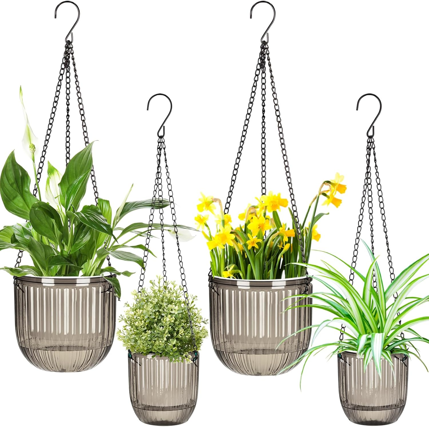 Maxcheck 4 Pcs Self Watering Hanging Planters Indoor Gift 6.5'' 4.5'' Hanging Flower Pots Baskets Outdoor Self Watering Plant with 3Hooks Drainage Holes for Home(Emerald,Grey)