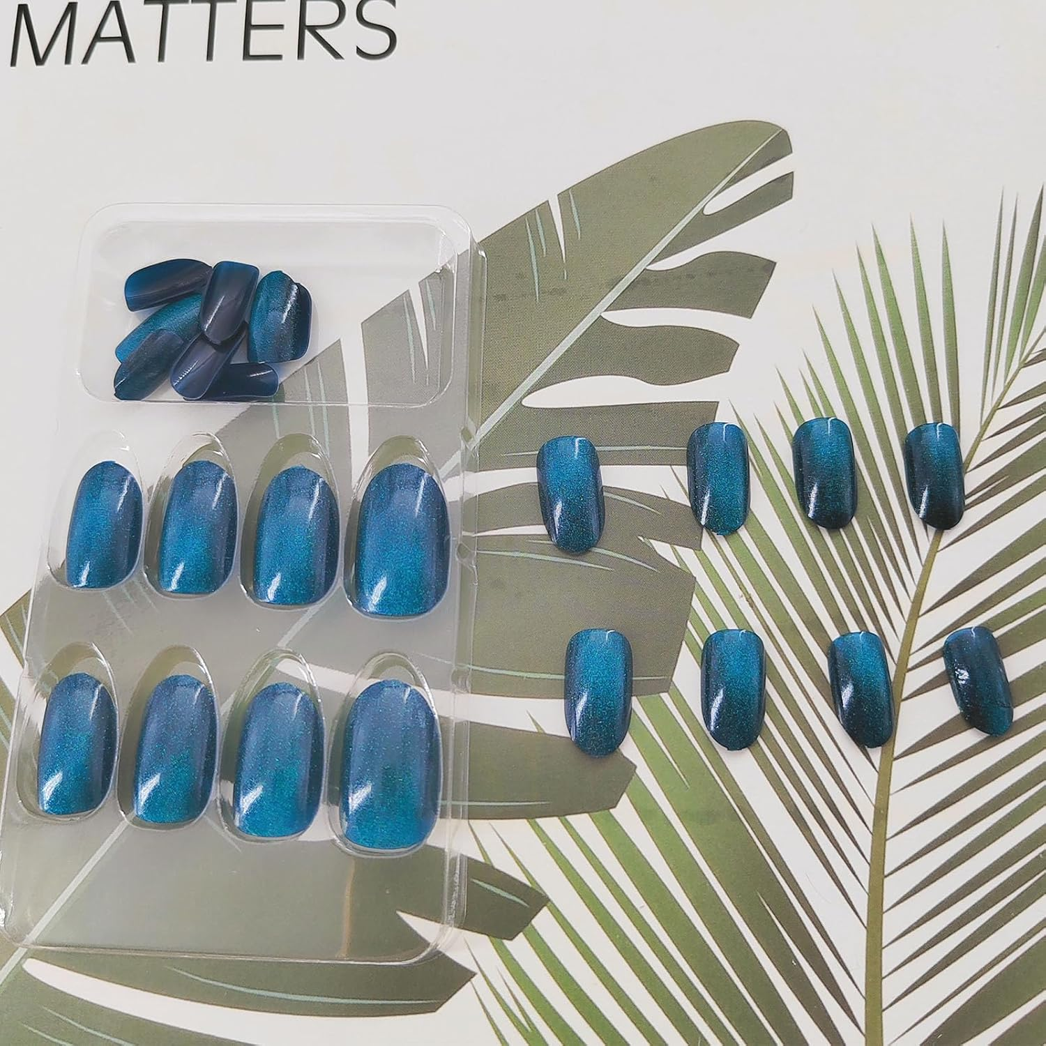 Xenophoer Short Press on Nails Oval Blue Cat Eye Fake Nails Acrylic Glue on Nails with Silver Glitter Designs Nails Press Ons for Women Daily Wear 24 Pcs image number 5