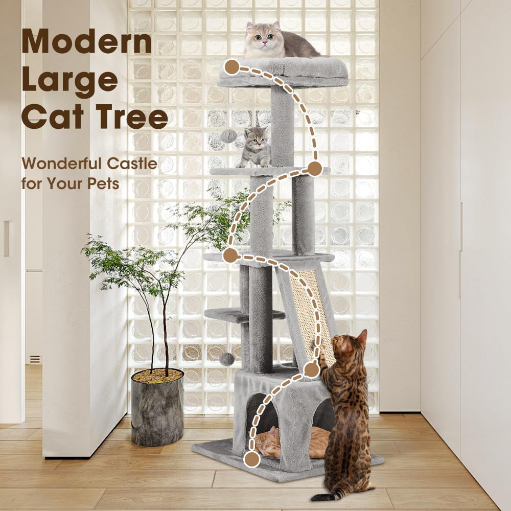 Cat Tower, 125Cm Cat Tree for Indoor Large Cats, Multi-Level Condo with Ladder, Hideaways, Pompoms and Toy, Grey image number 2