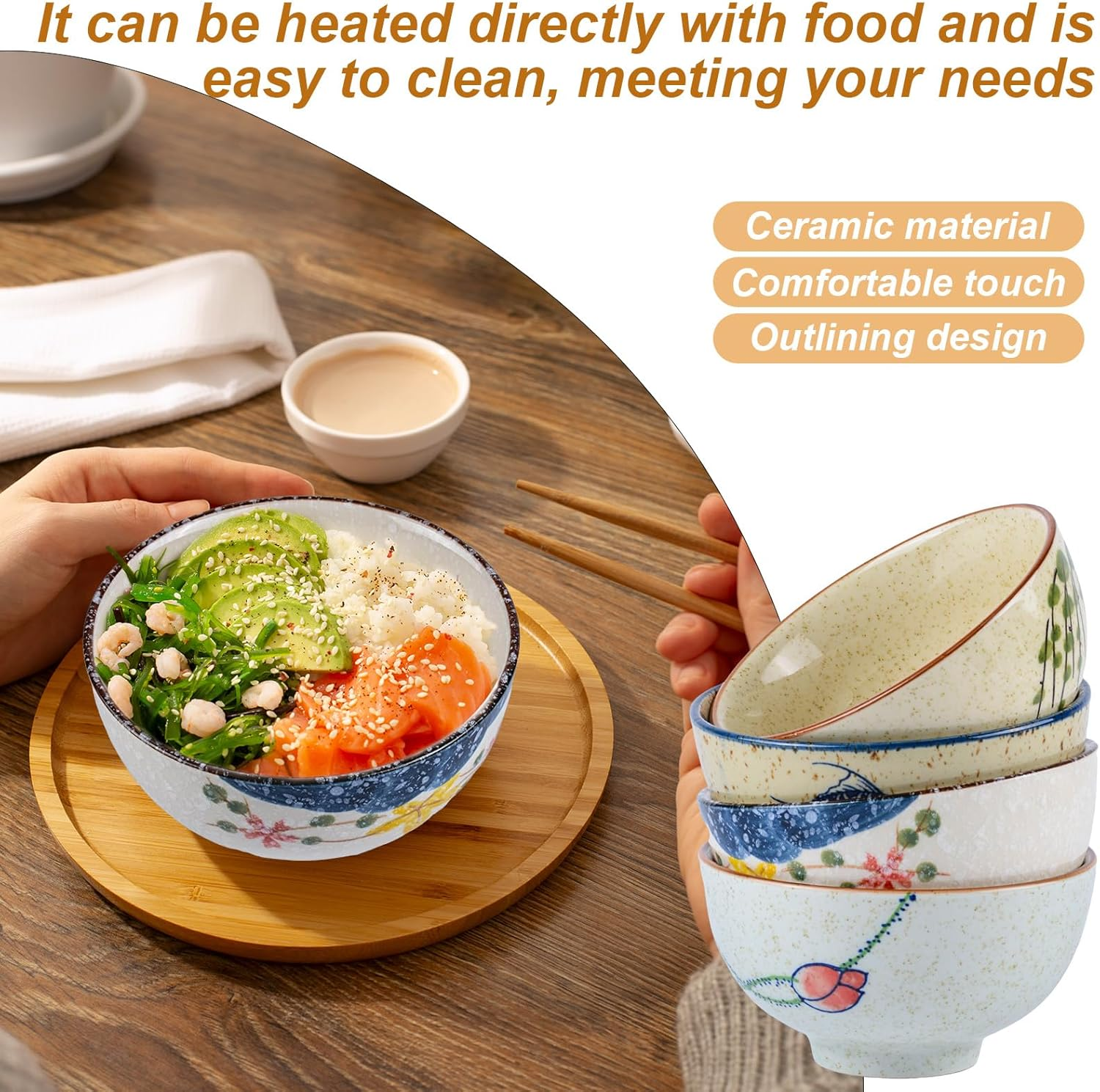 Ceramic Soup Rice Bowl 4.5 Inch Set of 4 Vintage Japanese Creative Hand Painted Floral Ceramic Soup Bowls 10 Ounce Ramen Bowl Set Noodle Bowl Microwave Dishwasher Safe image number 3