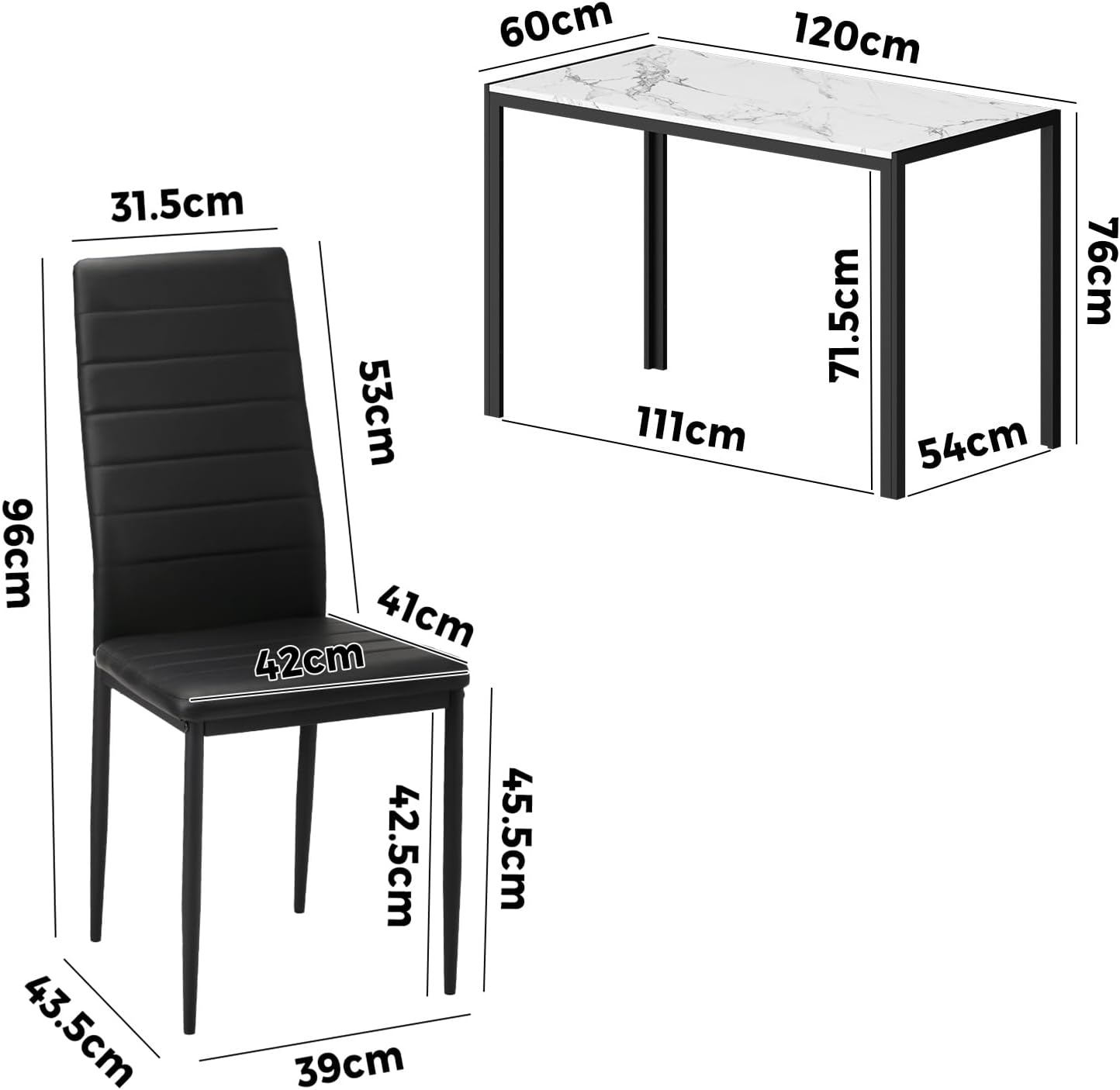 Oikiture Dining Table with Dining Chairs for Set 4PCS 120Cm Rectangle Marble Table Top White&Black for Home Kitchen or Dining Room image number 6