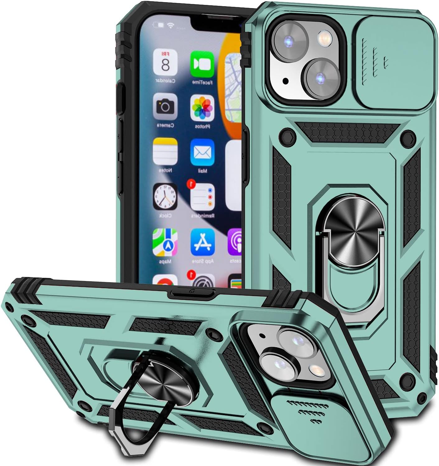 QIWEIQING Iphone 14 Case Plastic Back Cover TPU Bumper Mobile Phone Case 360 Degree Metal Ring Stand Heavy Duty Military Grade Protection Hybrid Shockproof Case for Iphone 14 / Iphone 13. Green JXT