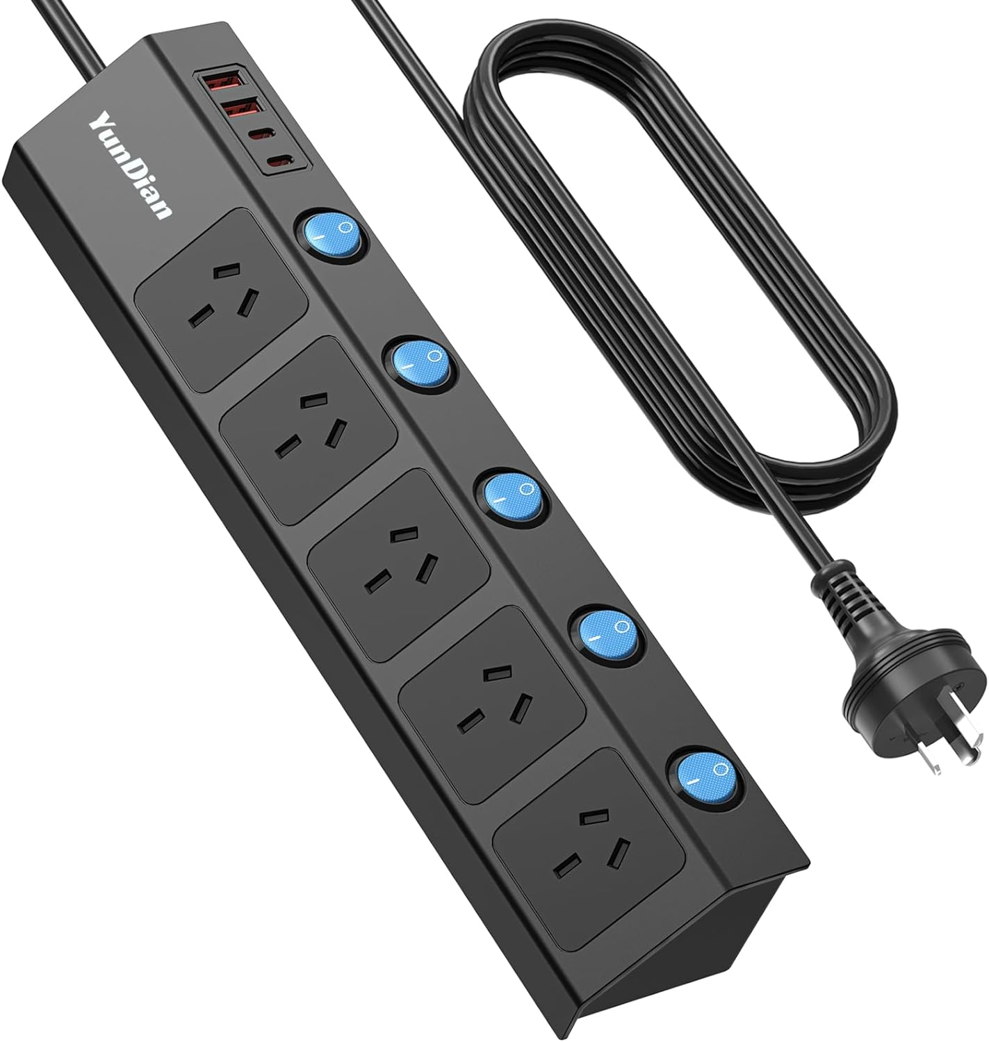 Yundian Power Strip with Individual Switches, 5 AC Outlets, 2 USB a and 2 USB C Surge Protector 2M Extension Cord, 2400W/10A, 170 Joules, USB Power Board Switch for Home and Office Use (Black) image number 6