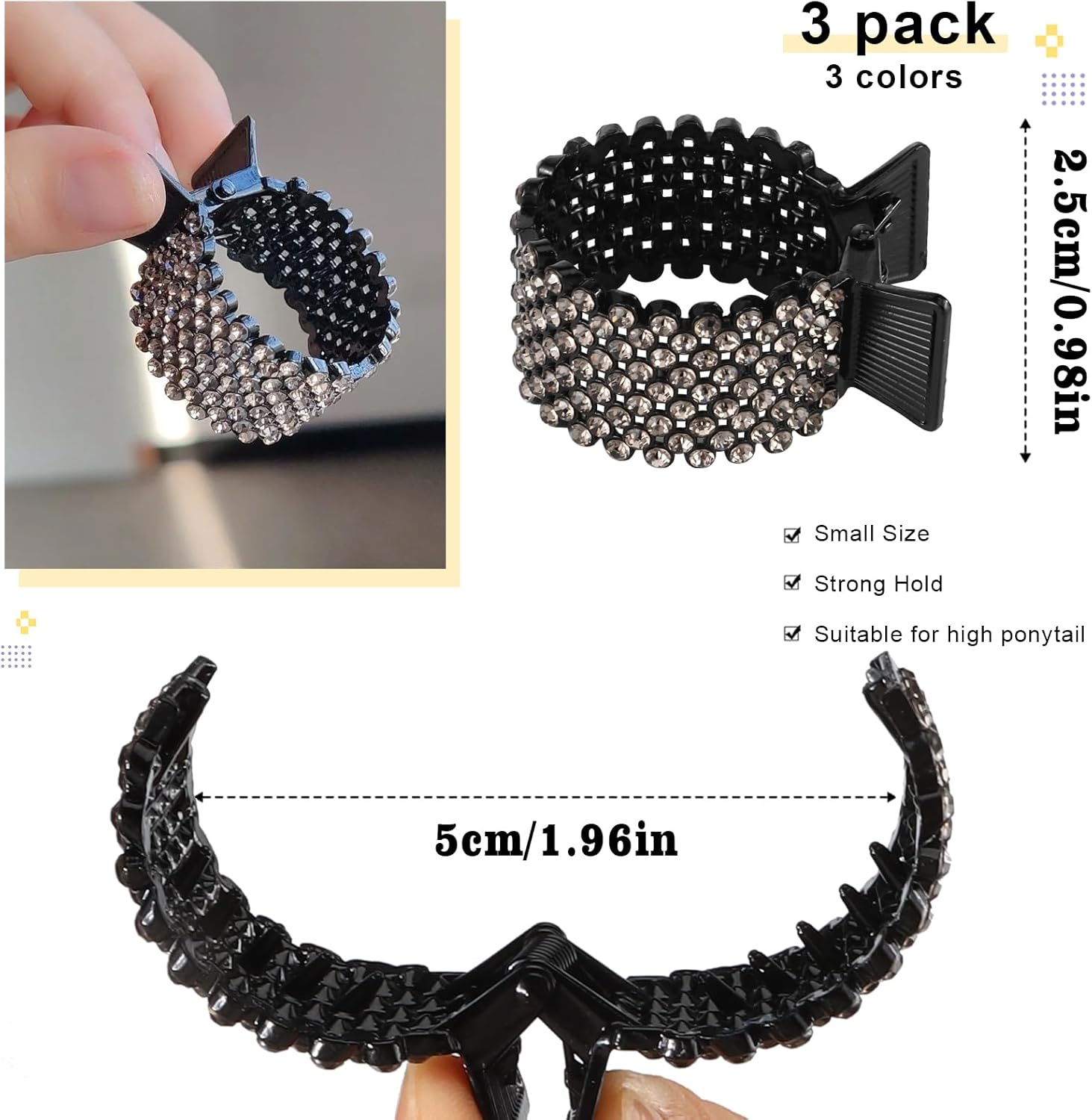 Women'S Hair Clips Metal 3 Pieces Rhinestone Hair Clips Holder High Ponytail Holder Rhinestone for Thick and Thin Hair at Work, Party or Daily Use image number 5