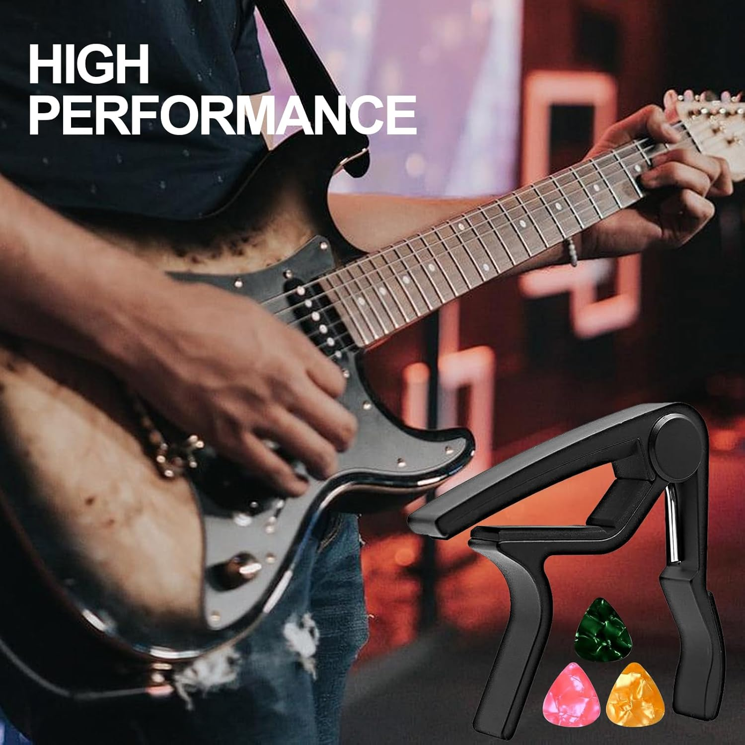 T Tersely Aluminum Alloy Guitar Capo Trigger with 3Pcs Guitar Picks Single Hand Use Quick Change Black Capos for Classical Acoustic Electric Guitars Ukulele image number 2