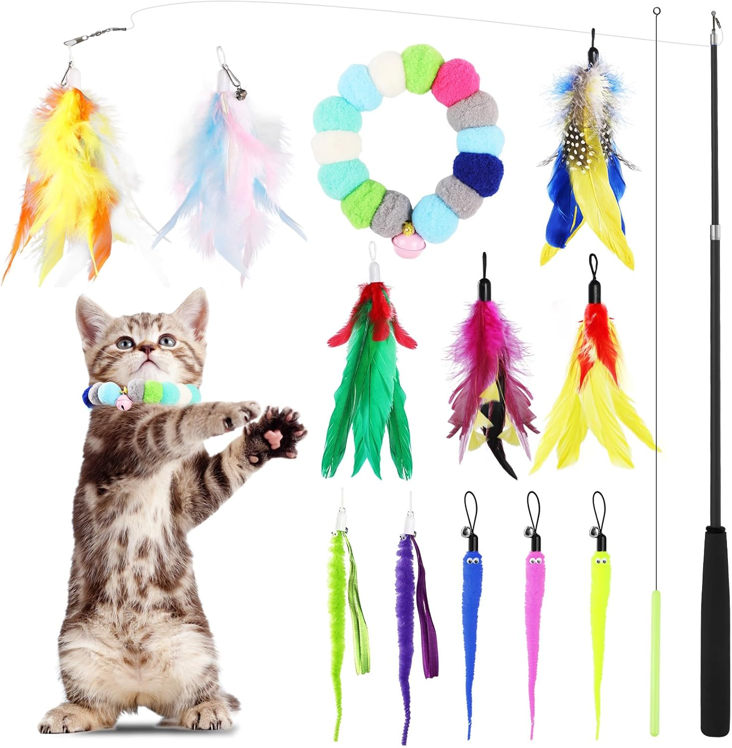 14Pcs Feather Teaser Cat Toy Set，Geeric Interactive Cat Teaser Toys Kit & Kitten Choker Bell Retractable Cats Wand Funny Sticks Multi Replacement Teaser Toy for Chase, Exercise, Boredom Relief Indoor image number 2