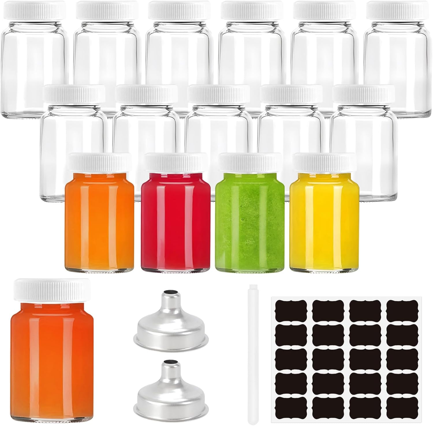 Fayrvind 16 Pack 2 Oz Glass Juice Bottles, Small Containers Shot Bottles with Lids & Stainless Steel Funnels for Travel Liquids Juicing Juice Cold Brew Bottles Smoothie Jars Homemade Beverages Bottle image number 1