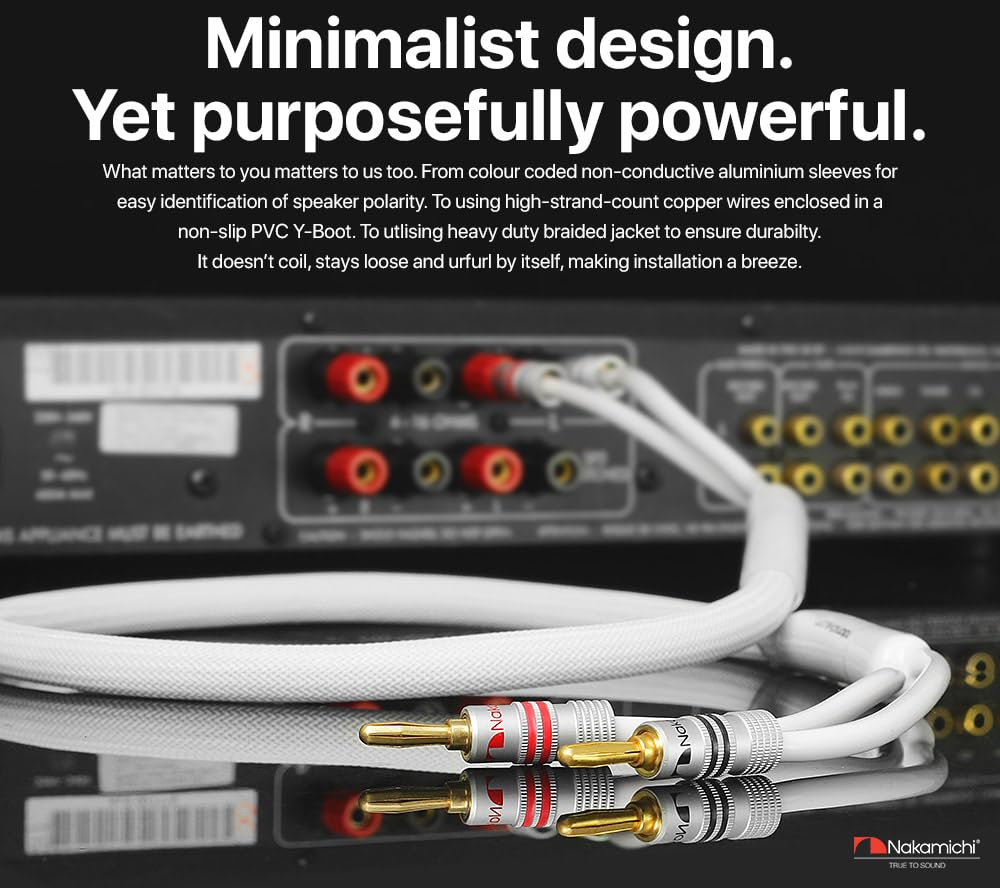 Nakamichi Excel Series 24K Gold Plated Banana Plugs with Speaker Cable Wire 99.9% Oxygen-Free Copper (OFC) Heavy Duty Braided for Amplifier Hi-Fi Home Theatre - White (12 AWG / 10 Feet / 3.0M) image number 2