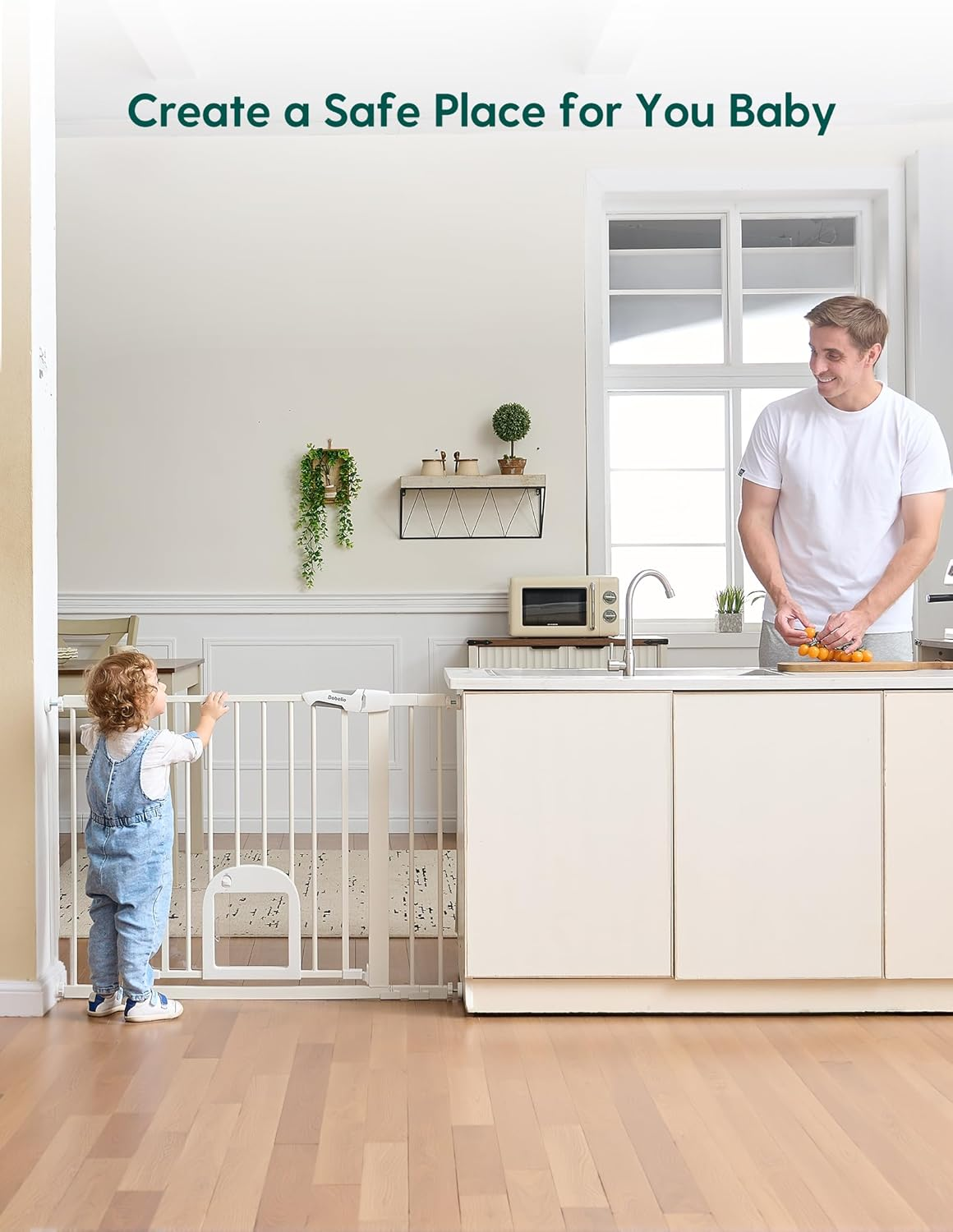 Babelio Upgraded Baby Gate with Cat Door, 73.7-109 CM Auto Close Durable Dog Gate for Stairs, Doorways and House, Easy Walk Thru Safety Gate with Pet Door Includes 4 Wall Cups, White