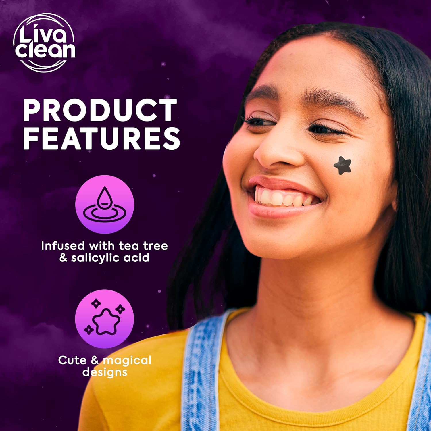 Livaclean 250Ct Black Star Pimple Patches Midnight Magic with Salicylic Acid and Tea Tree Oil - Pimple Patches for Face, Hydrocolloid Patches for Acne, Li Stickers image number 6