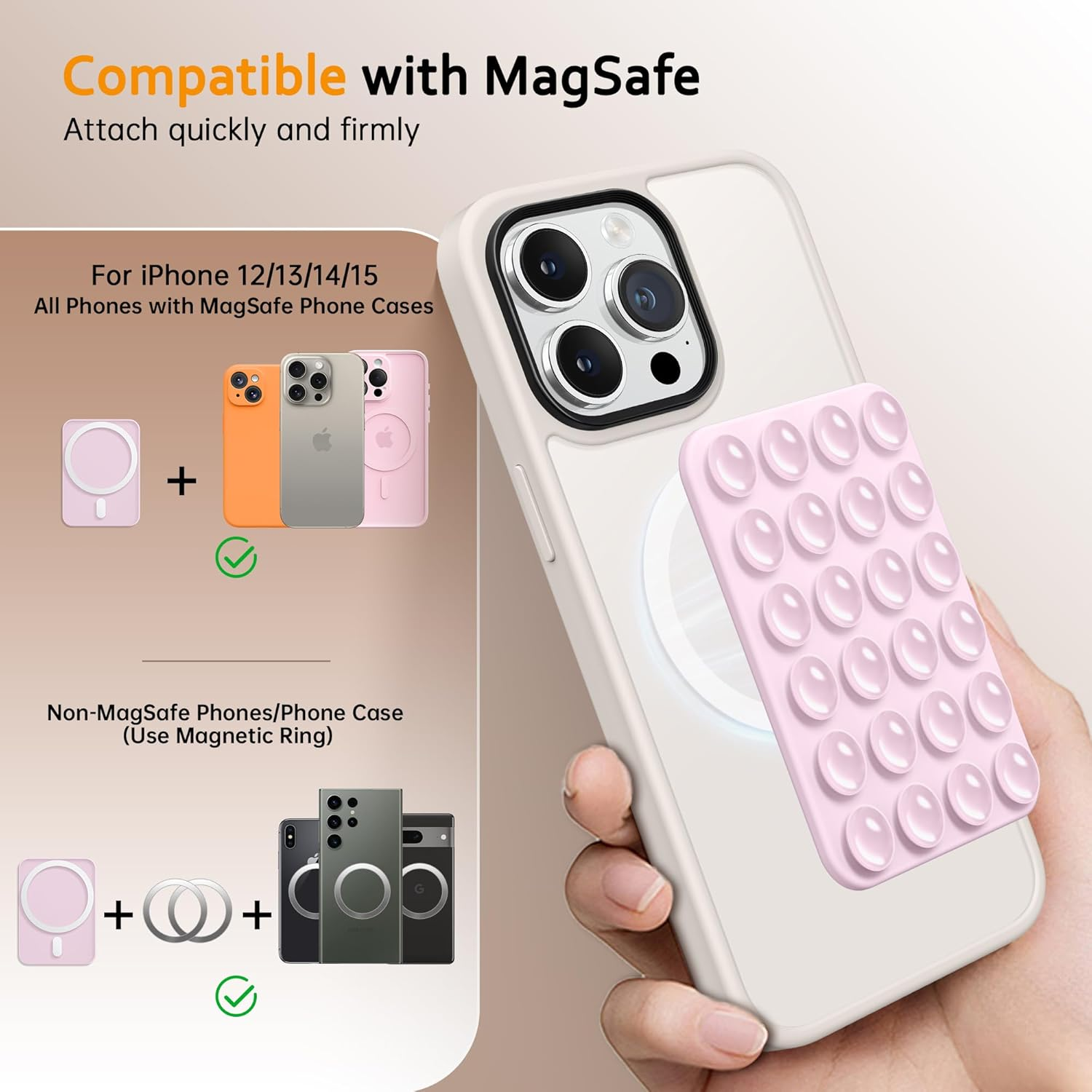 GONEZ Magnetic Suction Cup Phone Mount for Magsafe Case, Removable Silicone Sticky Grip for Iphone 12/13/14/15/16, Hands-Free Selfies and Videos for Tiktok & Instagram Influencer/Creator, Pastel Pink