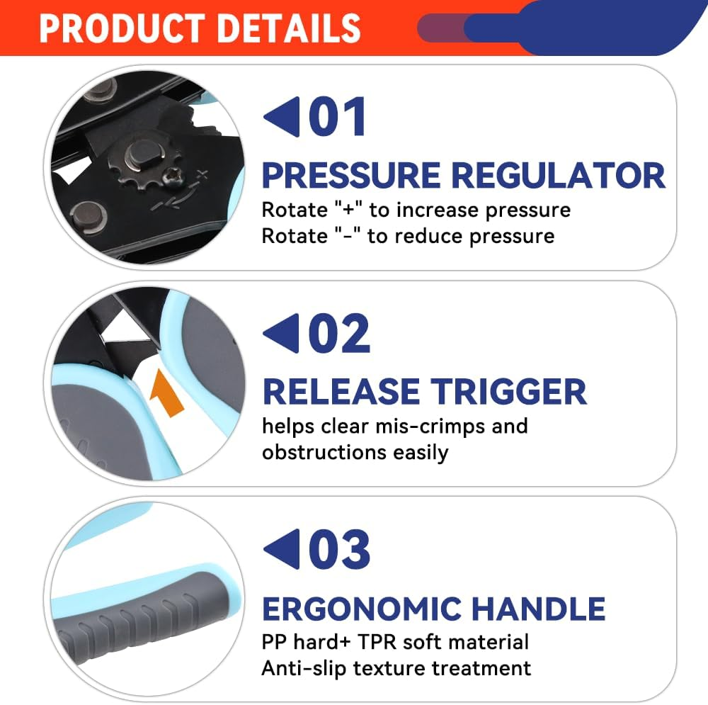 Crimping Tool for Open Barrel Terminals JST Molex TE Connectors - 24-10 AWG (0.25-6Mm&sup2;) with Wire Cutting Jaw - Ratcheting Wire Crimper