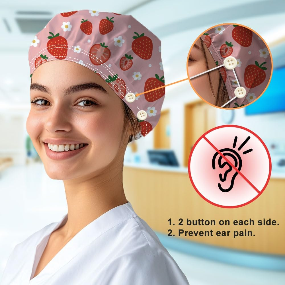 Scrub Caps with 4 Buttons Adjustable Nursing Working Caps with Sweatband Resilient Surgical Hat Hair Cover for Work image number 2