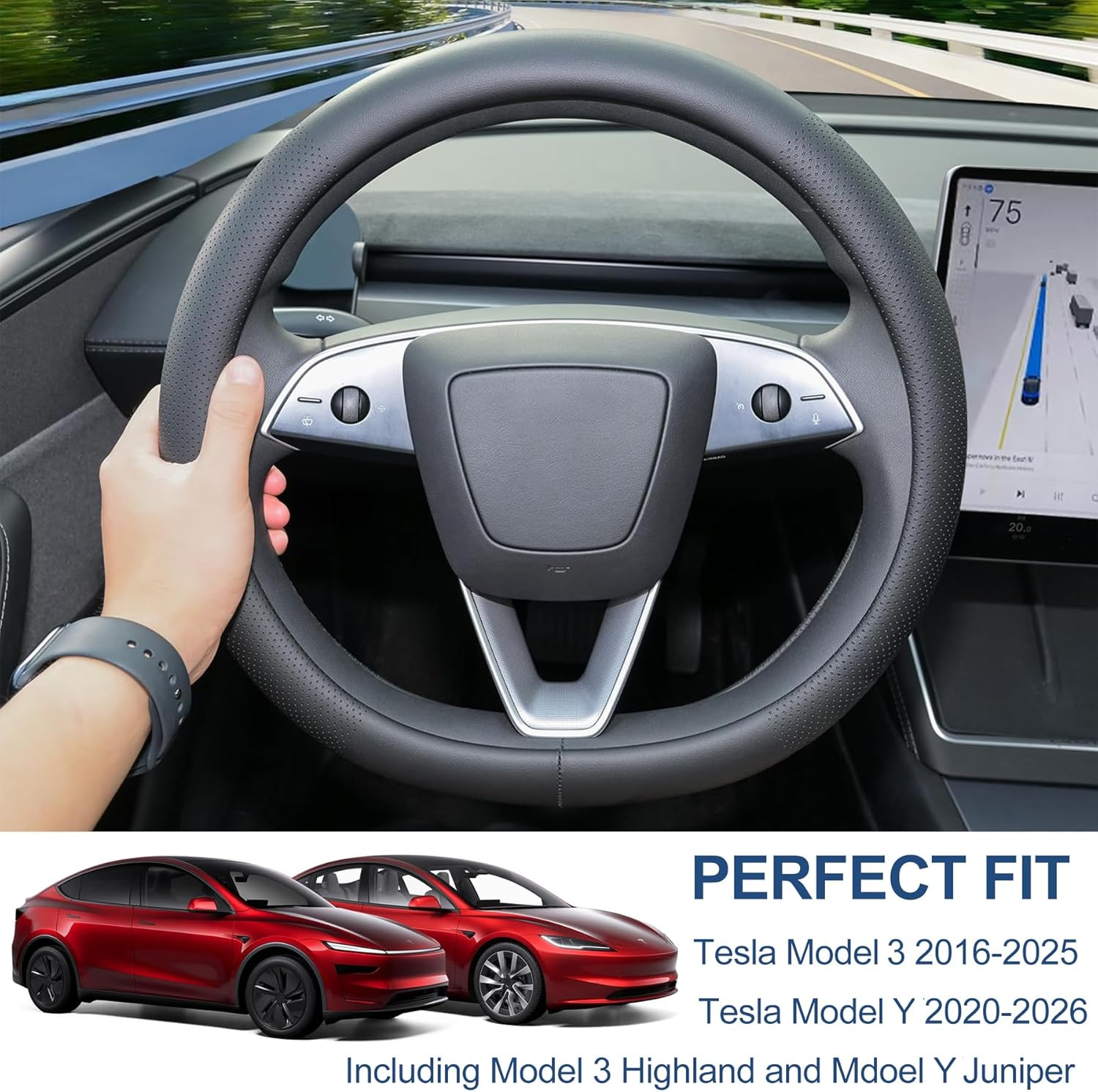 Nappa Leather Steering Wheel Cover for Tesla Model Y Juniper 2025 2026, Non-Slip Breathable Thin Comfortable Steering Wheel Protector for Model 3 Highland 2025 2024 (Black) image number 5