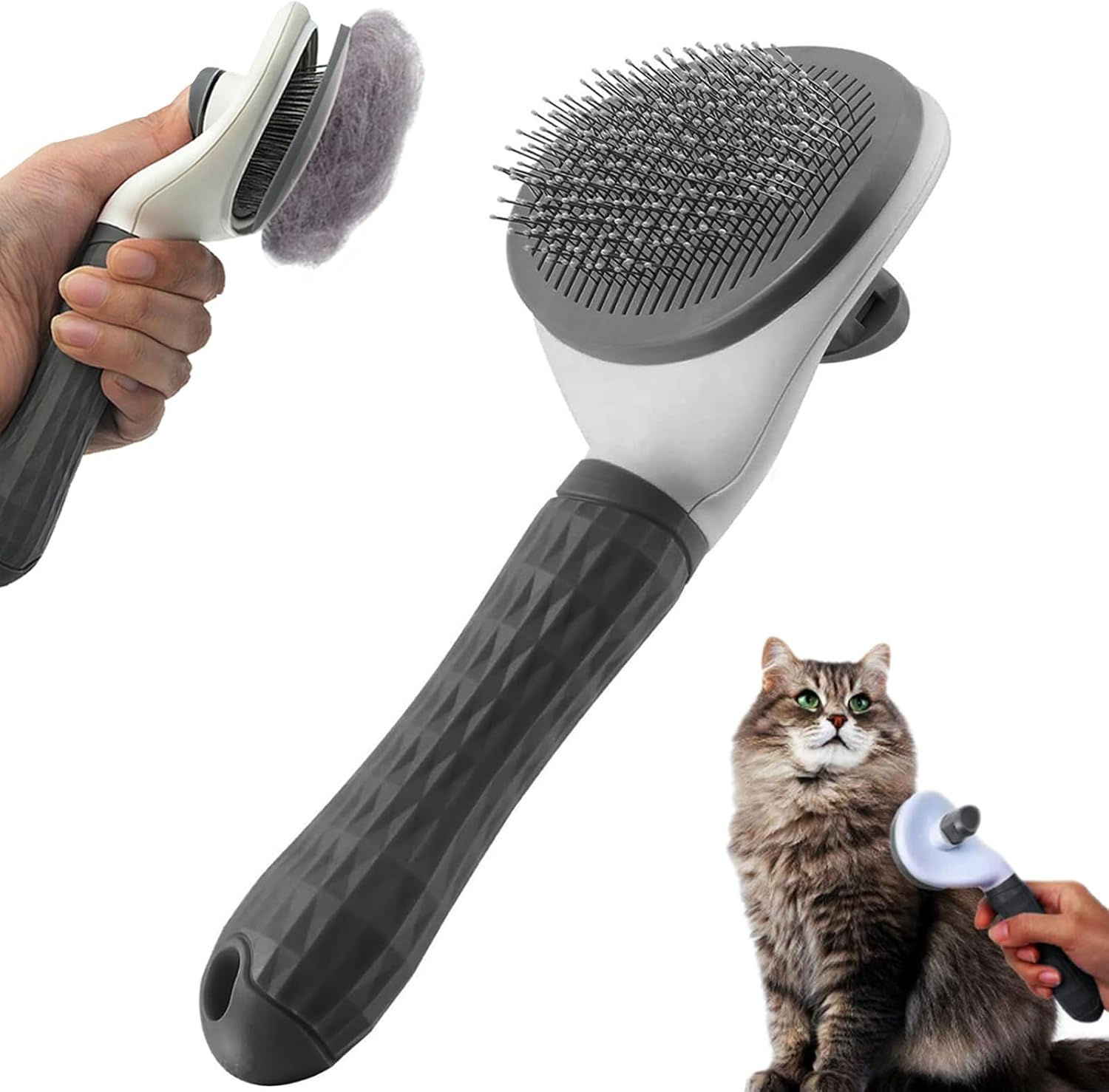 Cat Grooming Brush, Self-Cleaning Slicker Brush for Pets - One Button Removes Loose Undercoat, Mats and Tangled Hair from Indoor Cats (Gray)
