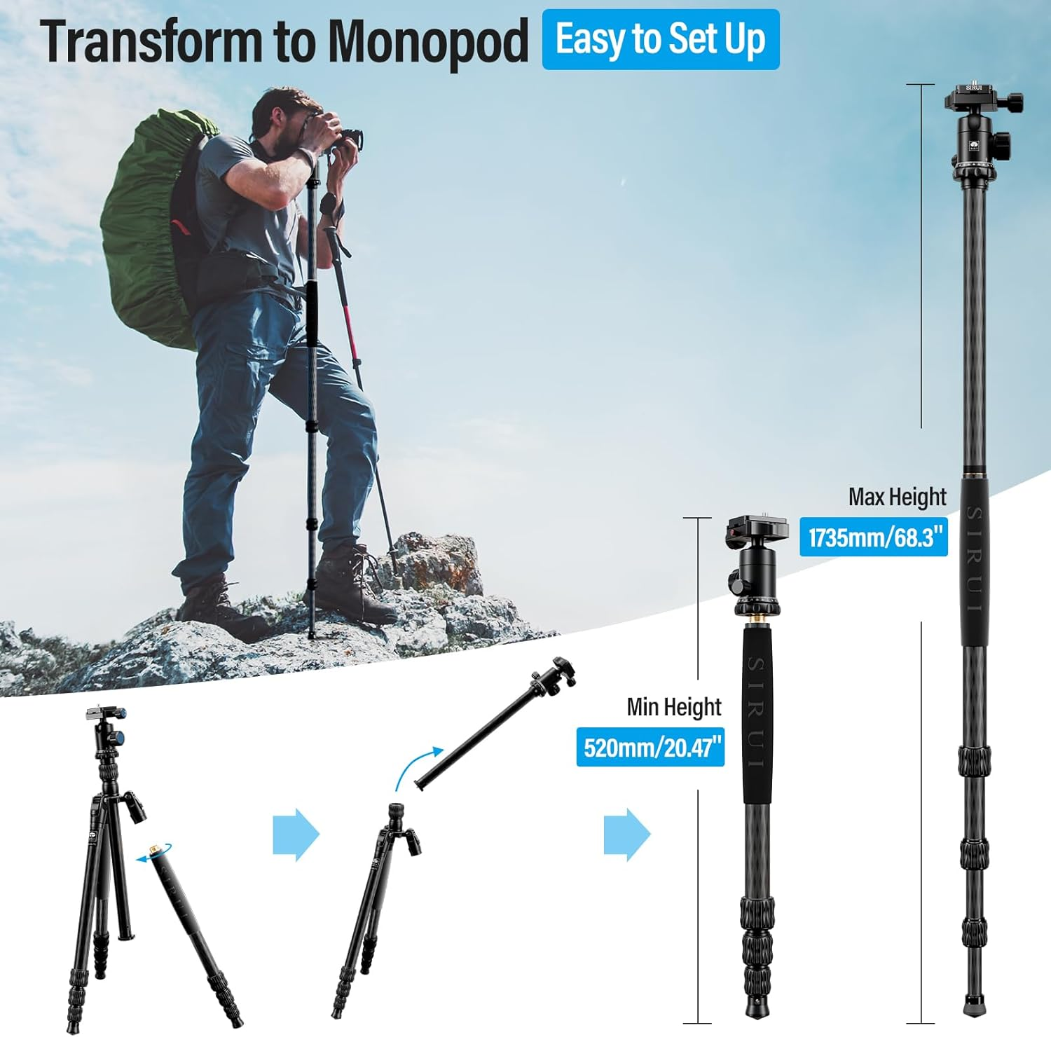 SIRUI Traveler 7C Camera Tripod 65.55 Inches Carbon Fiber Arca Tripod with E-10 360&deg; Panorama Ball Head and Arca Swiss Quick Release Plate Load Capacity up to 17.6Lbs, Convertible to Monopod