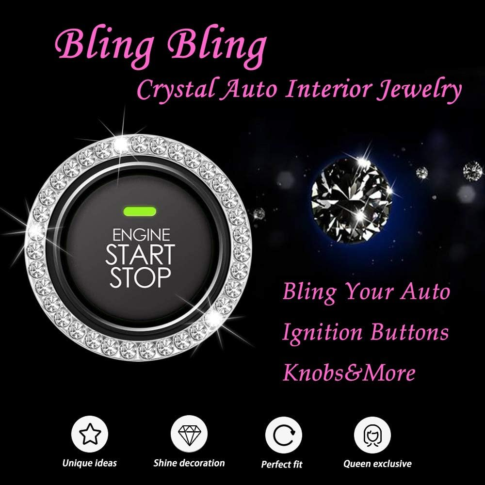 Anourney Silver Bling Crystal Rhinestone Car Engine Ignition Button Ring, Emblem Sticker, Girly Car Interior Accessory Decoration for Push to Start Button Cover, AC Control Knob,Car Shift Cover&hellip;