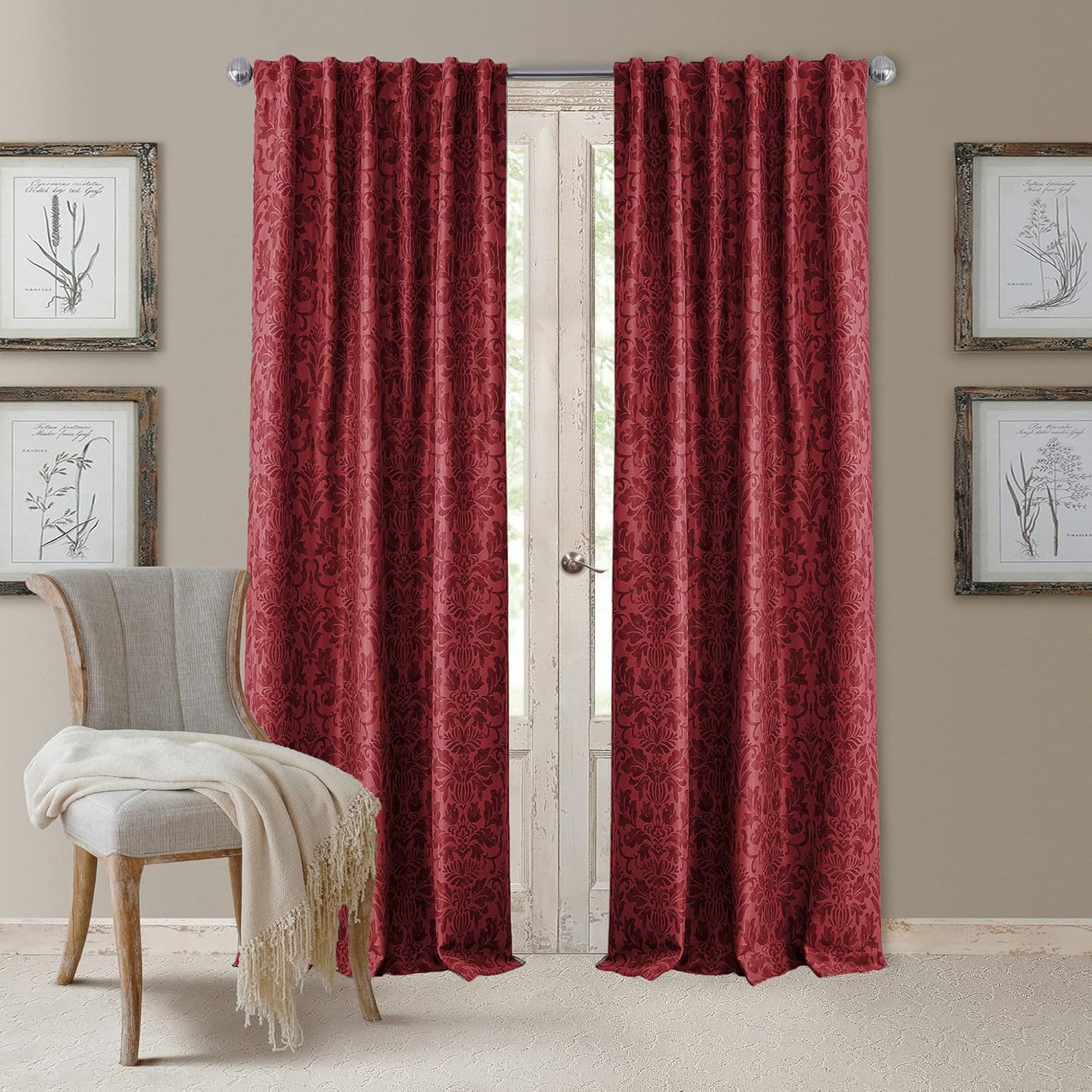 Elrene Home Fashions Antonia Blackout Rod Pocket/Back Tab Window Curtain Panel, Fabric, Rouge, 52" X 36" (1 Valance)