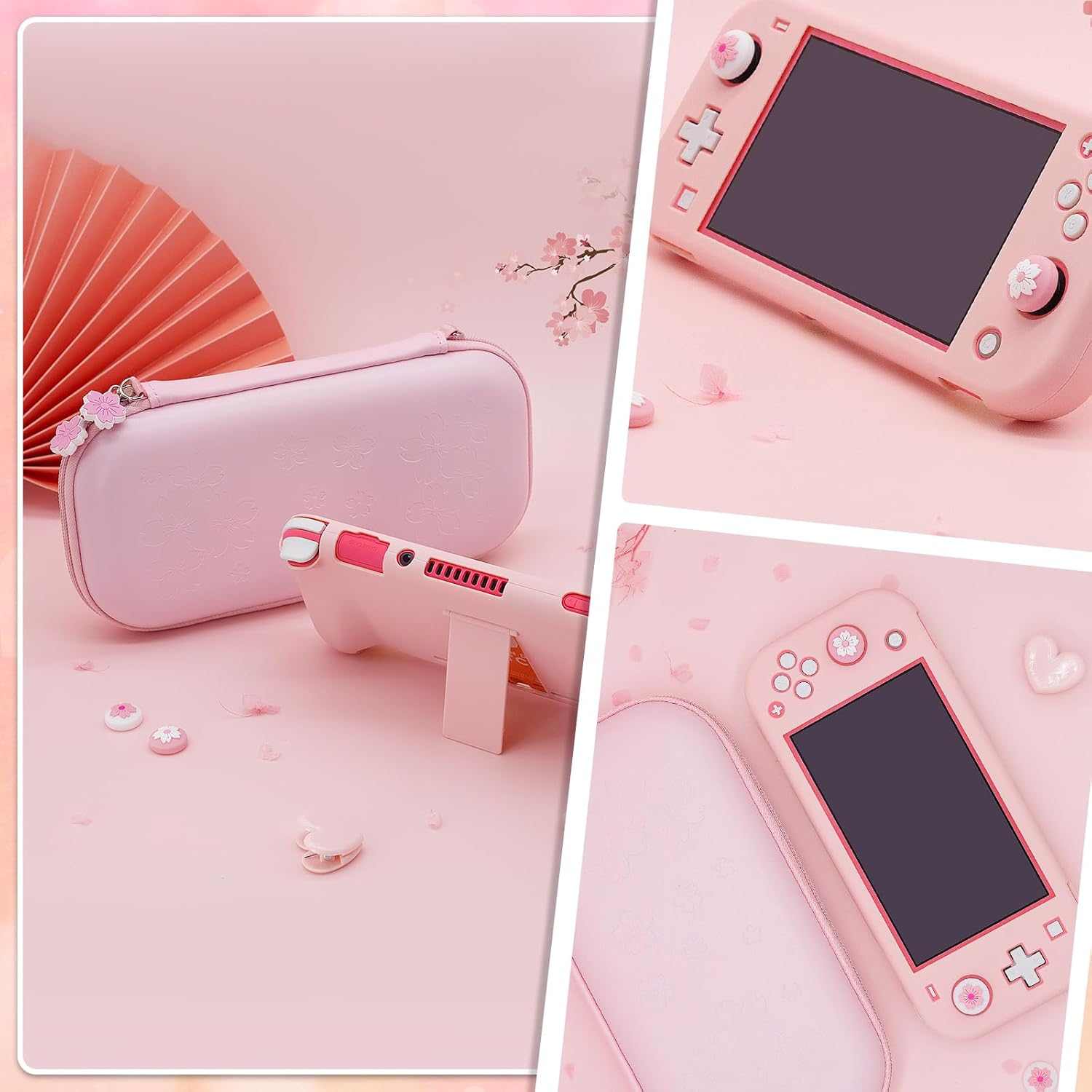 BRHE Pink Travel Carrying Case Accessories Kit for Nintendo Switch Lite, Hard Protective Cover Skin Shell with Stand, Glass Screen Protector, Sakura Thumb Grip Caps 9 in 1 image number 6