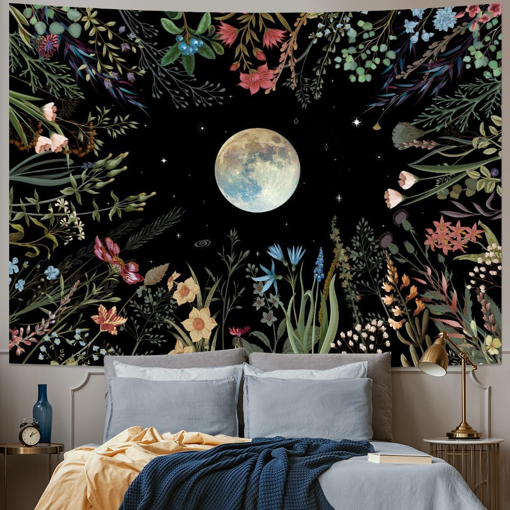 Moonlit Garden Tapestry Boho Moon Tapestry Floral Flower Tapestries Colorful Plants Tapestries Black Wall Hanging Decor for Home