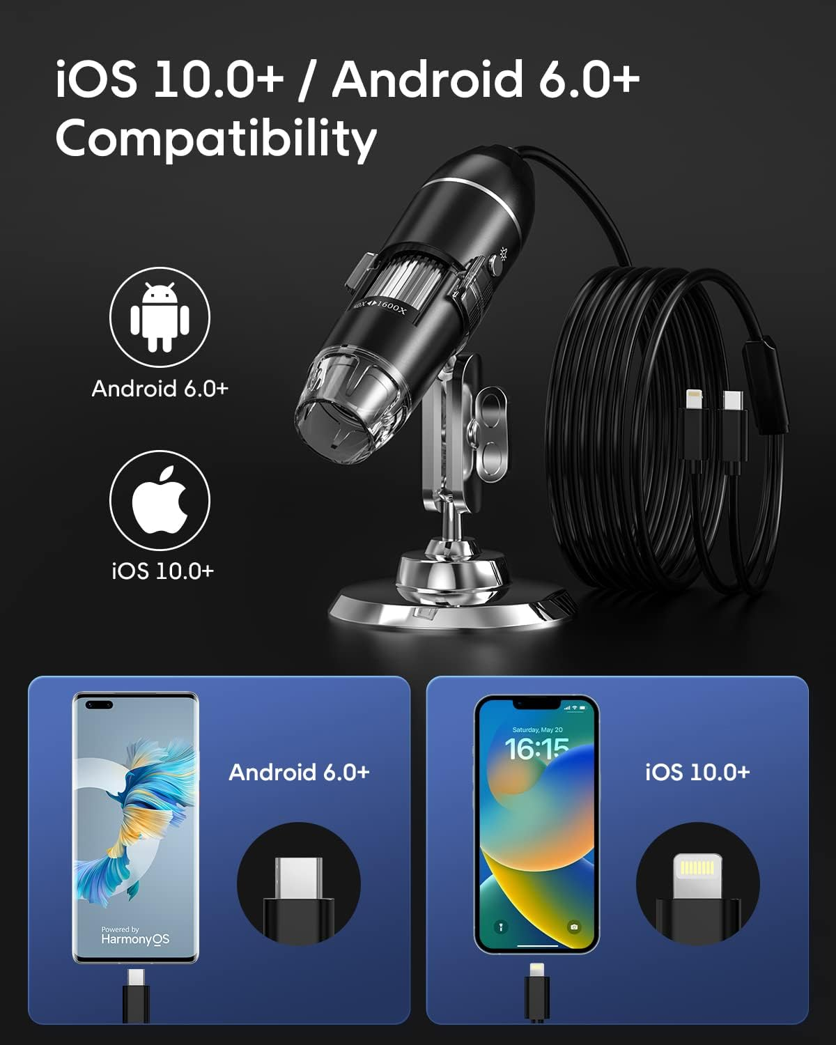 USB Digital Microscope, 50X-1600X Magnification, LED Light, Black